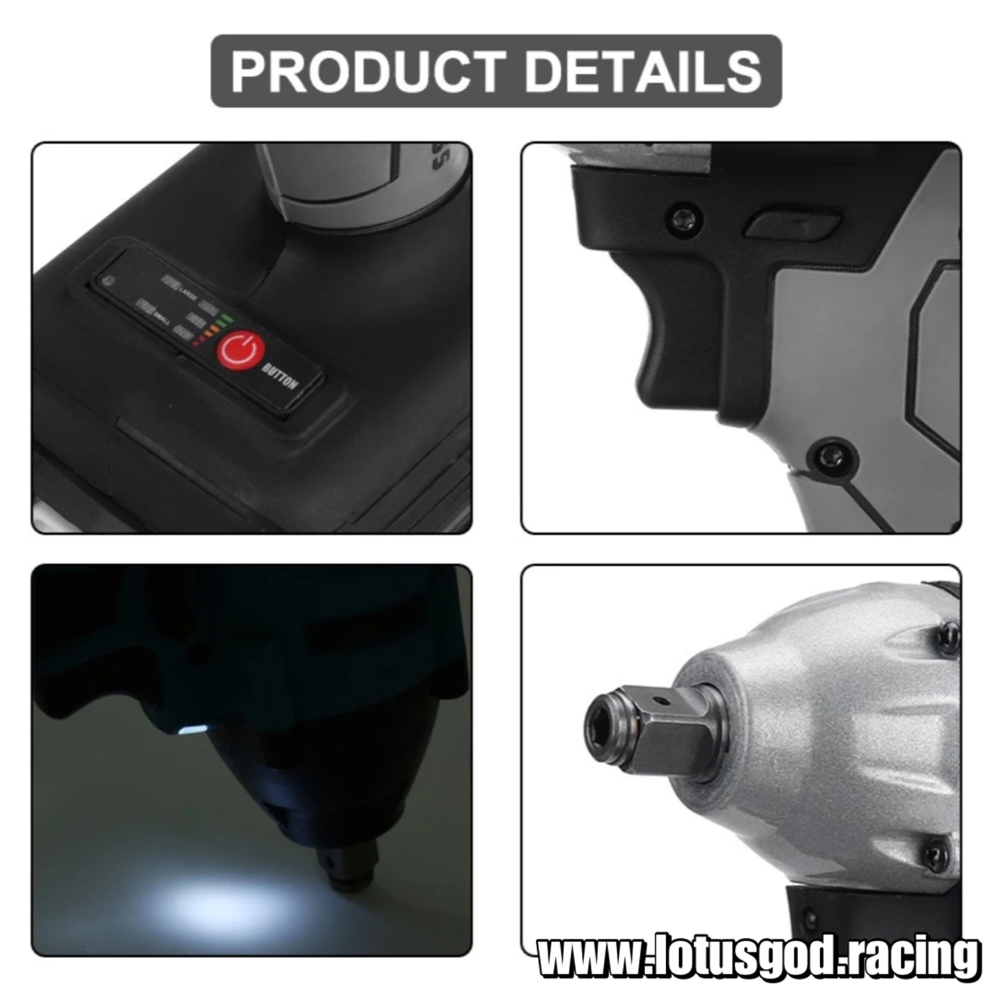Grey 1/2" Square Drive 800Nm Cordless Electric Impact Wrench Brushless Electric Hand Gun Drill Wheel Nut Screw Bit Bolt Socket Power Tool + 2 Lithum 388vf Battery