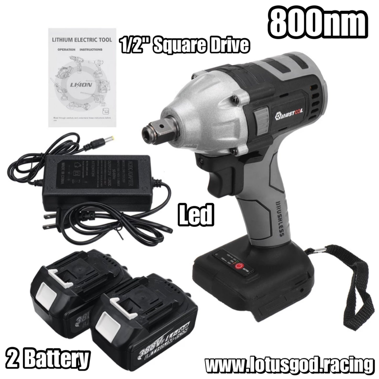 Grey 1/2" Square Drive 800Nm Cordless Electric Impact Wrench Brushless Electric Hand Gun Drill Wheel Nut Screw Bit Bolt Socket Power Tool + 2 Lithum 388vf Battery