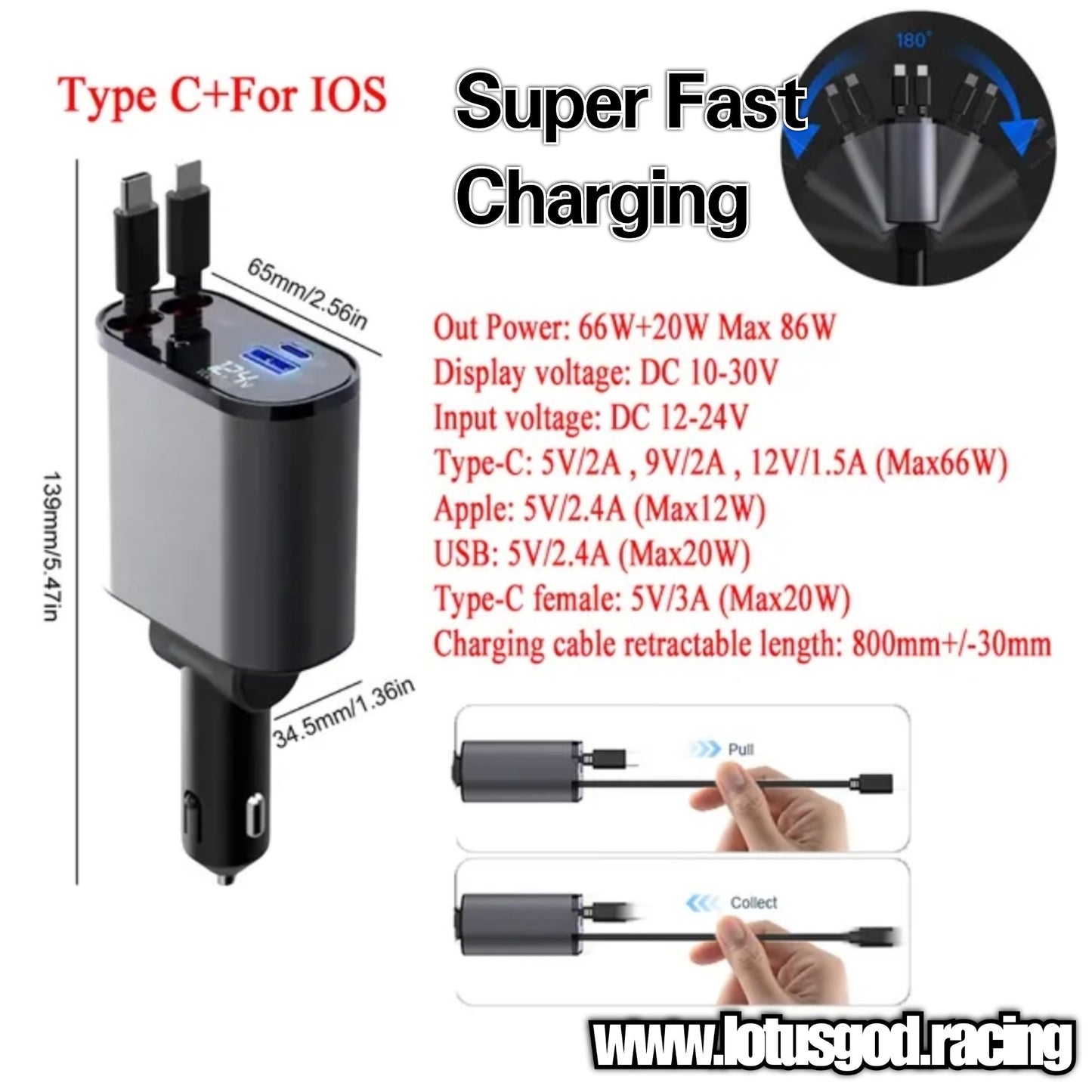 2 in 1 Usb Type C Iphone Cigarette Socket Lighter Apple Power Adapter Car Quick Charge Power Outlet PD QC 4 Telescopic Cables