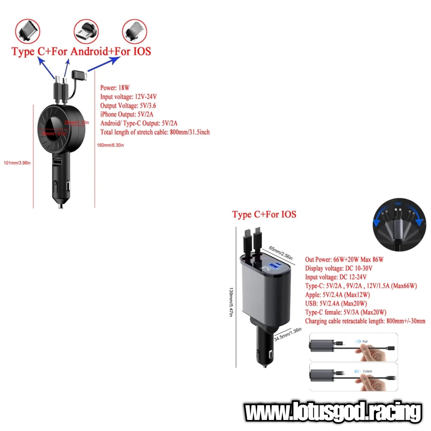 2 in 1 Usb Type C Iphone Cigarette Socket Lighter Apple Power Adapter Car Quick Charge Power Outlet PD QC 4 Telescopic Cables