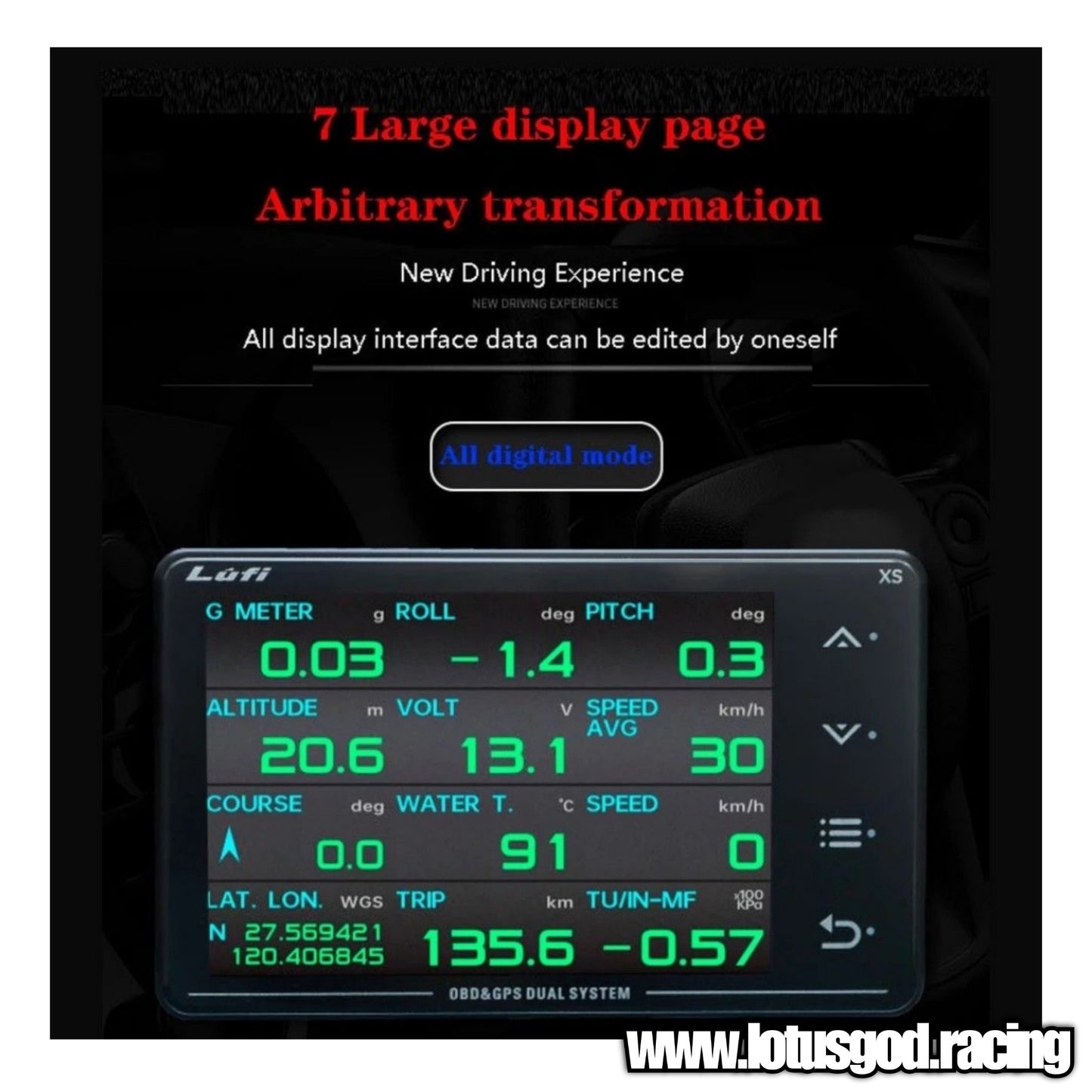 Lufi XS OBD2 Touch Screen GPS Racing Display Gauge Real time Display Speedometer Odometer