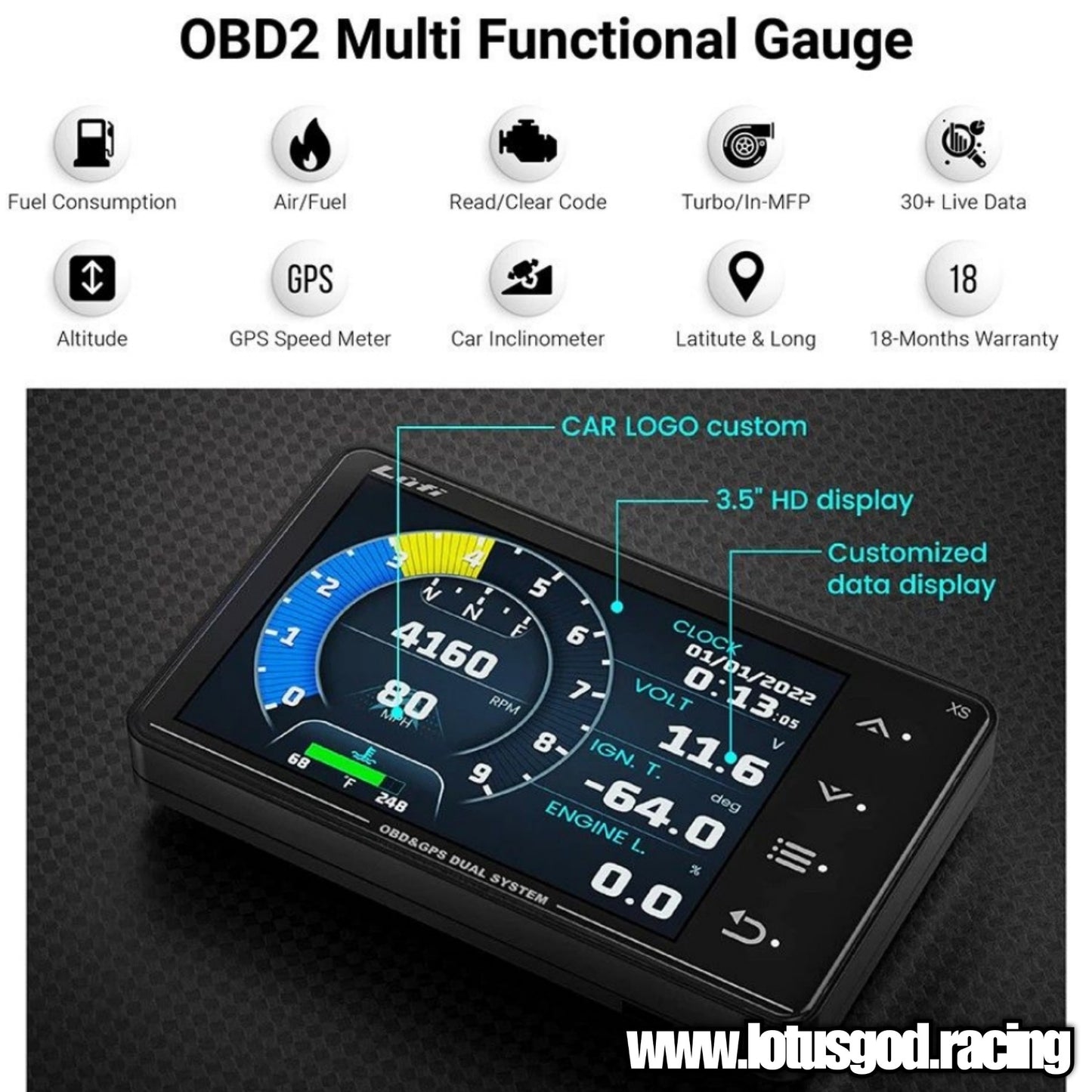 Lufi XS OBD2 Touch Screen GPS Racing Display Gauge Real time Display Speedometer Odometer