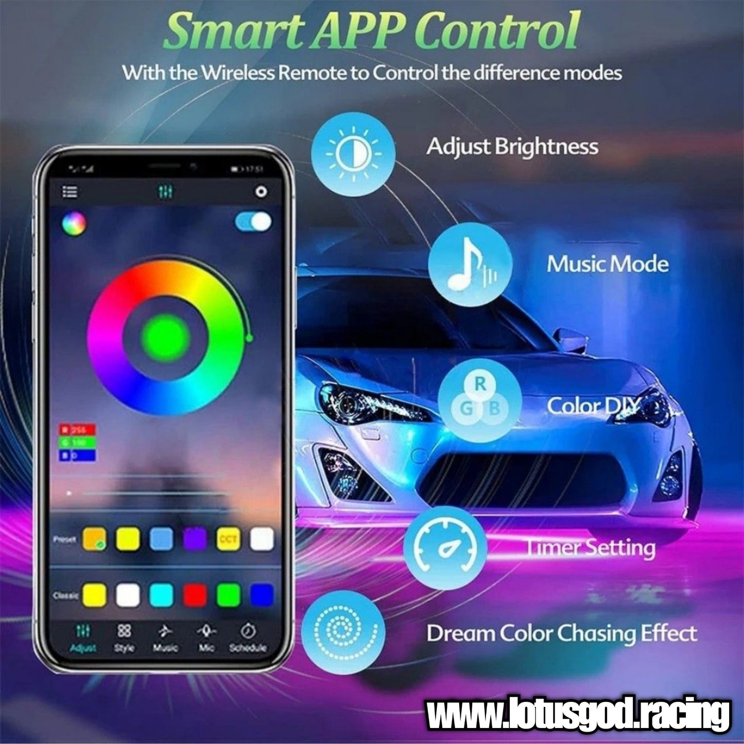 12 Volts Undercarriage RGB Flexible LED Bottom Chassis Underglow Strip Light Waterproof Phone APP Control Neon Underbody Light Lamp