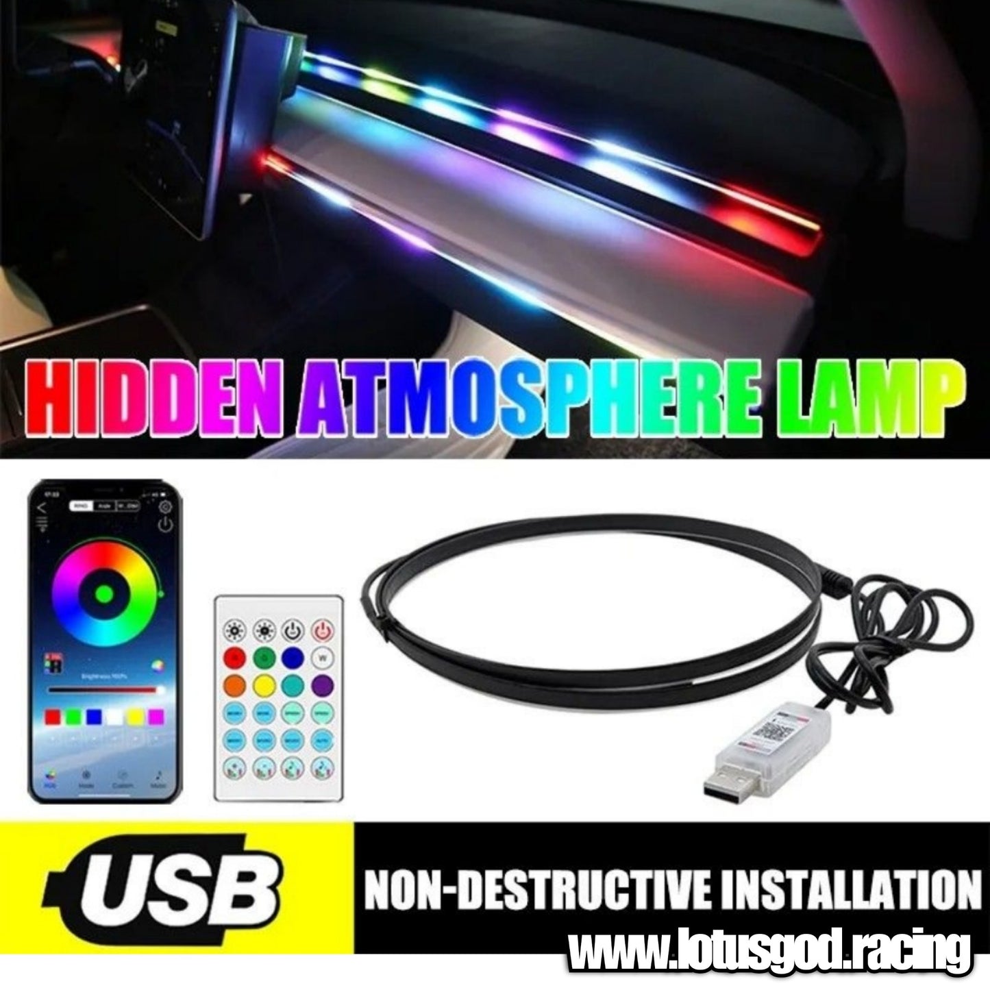 12 Volts Plug & Play 110cm + 110cm | 35cm Usb Powered App + Remote Control RBG I COB Rainbow Light For 12v Interior Dash Panel Meter Etc