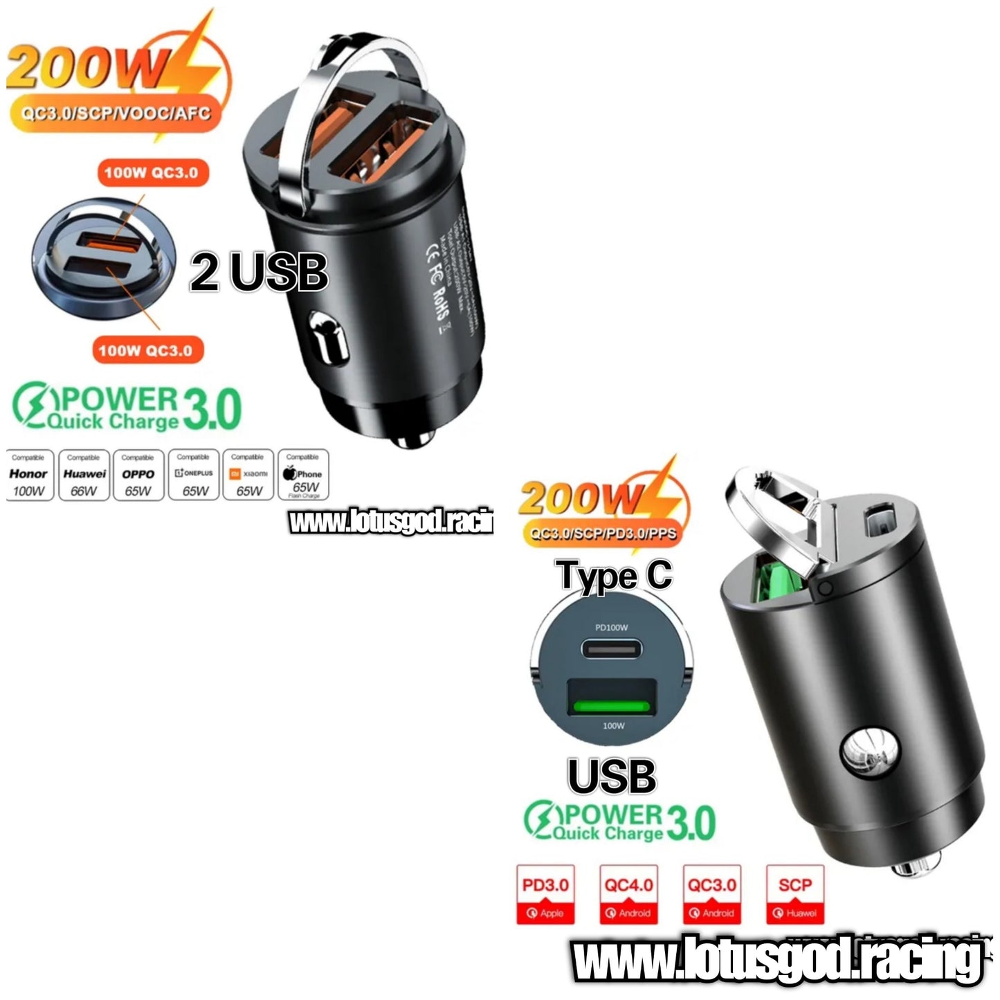 2 Port USB | Type C Fast Charging 200W QC3.0 PD 5A 12-24V Cigarette Socket Lighter Car Charger For Android iPhone Power Adapter