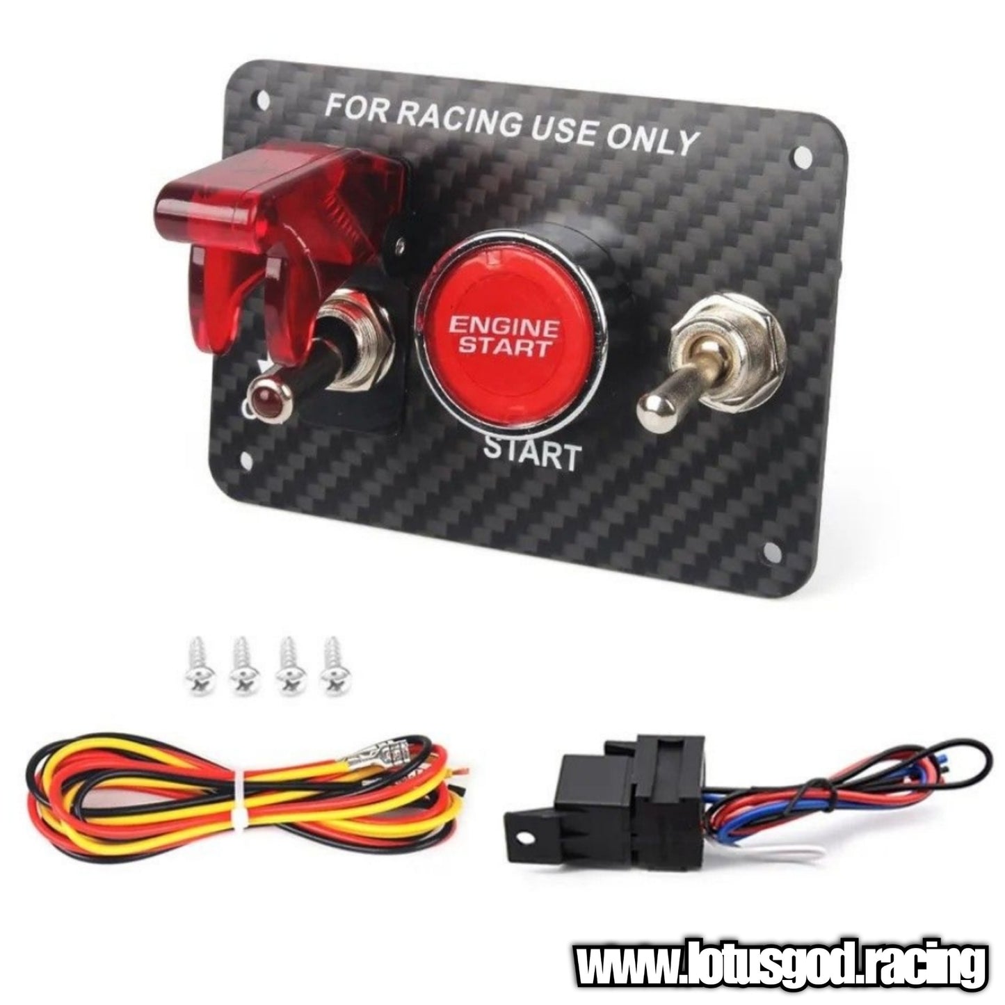 12 Volts Red Push Start Button + Ignition Switch Full Carbon Fiber Panel + Relay Wires