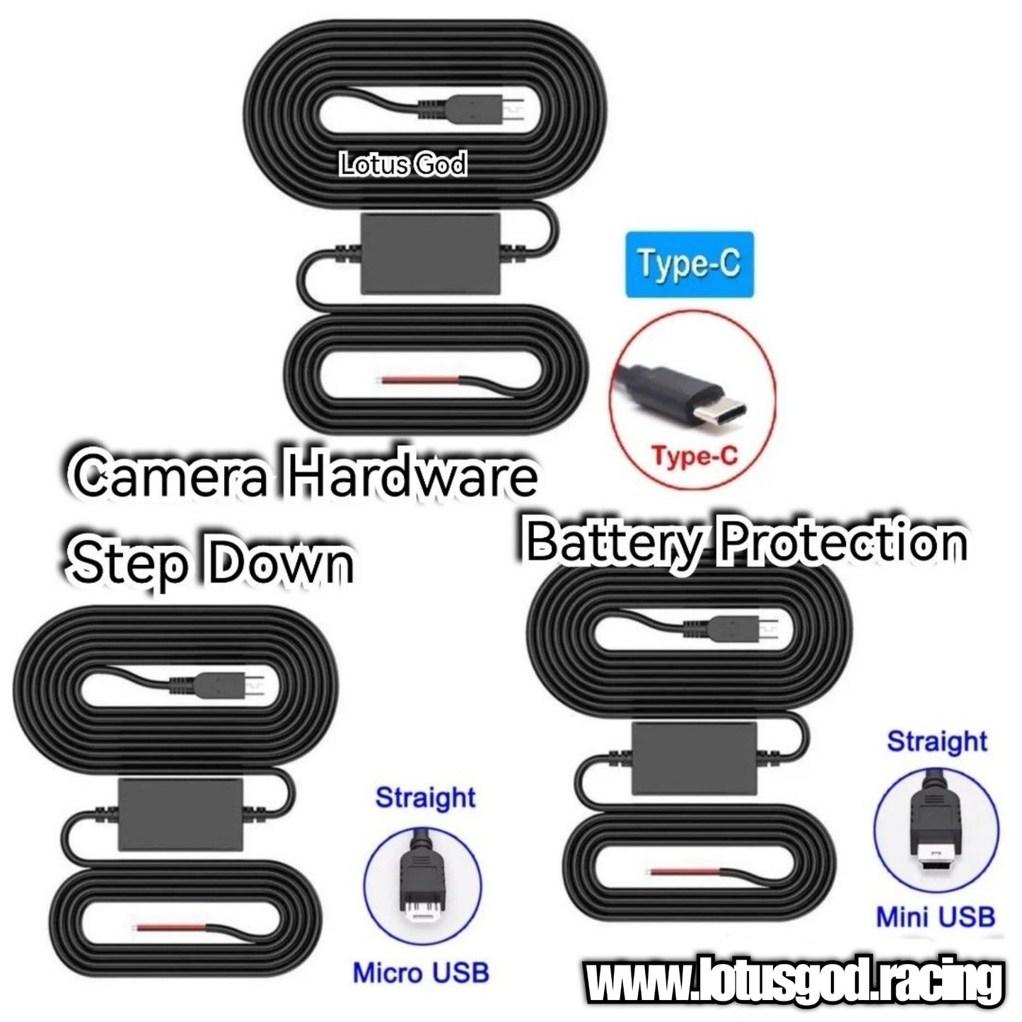 12 | 24 Volts Car Dash Cam Hardwire Kit To 5 Volts Converter Mini Micro USB Type C Charger Cable 3.2m Hard Wire For Auto DVR Dashcam Mirror Camera Recorder Etc