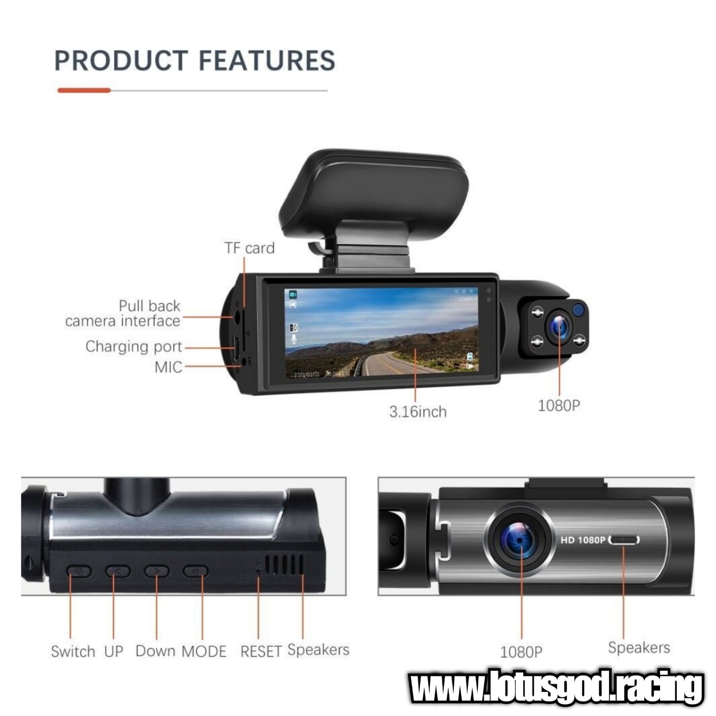 3.16 Inch Better Than Nothing Front Dash Cam Dual 2 Lens Adjustable Inside Camera + G-sensor HD Night Vision Wide Angle Car DVR Driving Recorder
