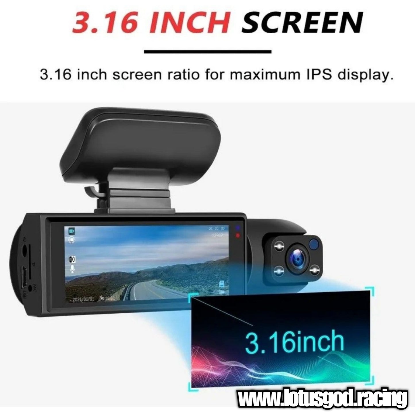 3.16 Inch Better Than Nothing Front Dash Cam Dual 2 Lens Adjustable Inside Camera + G-sensor HD Night Vision Wide Angle Car DVR Driving Recorder