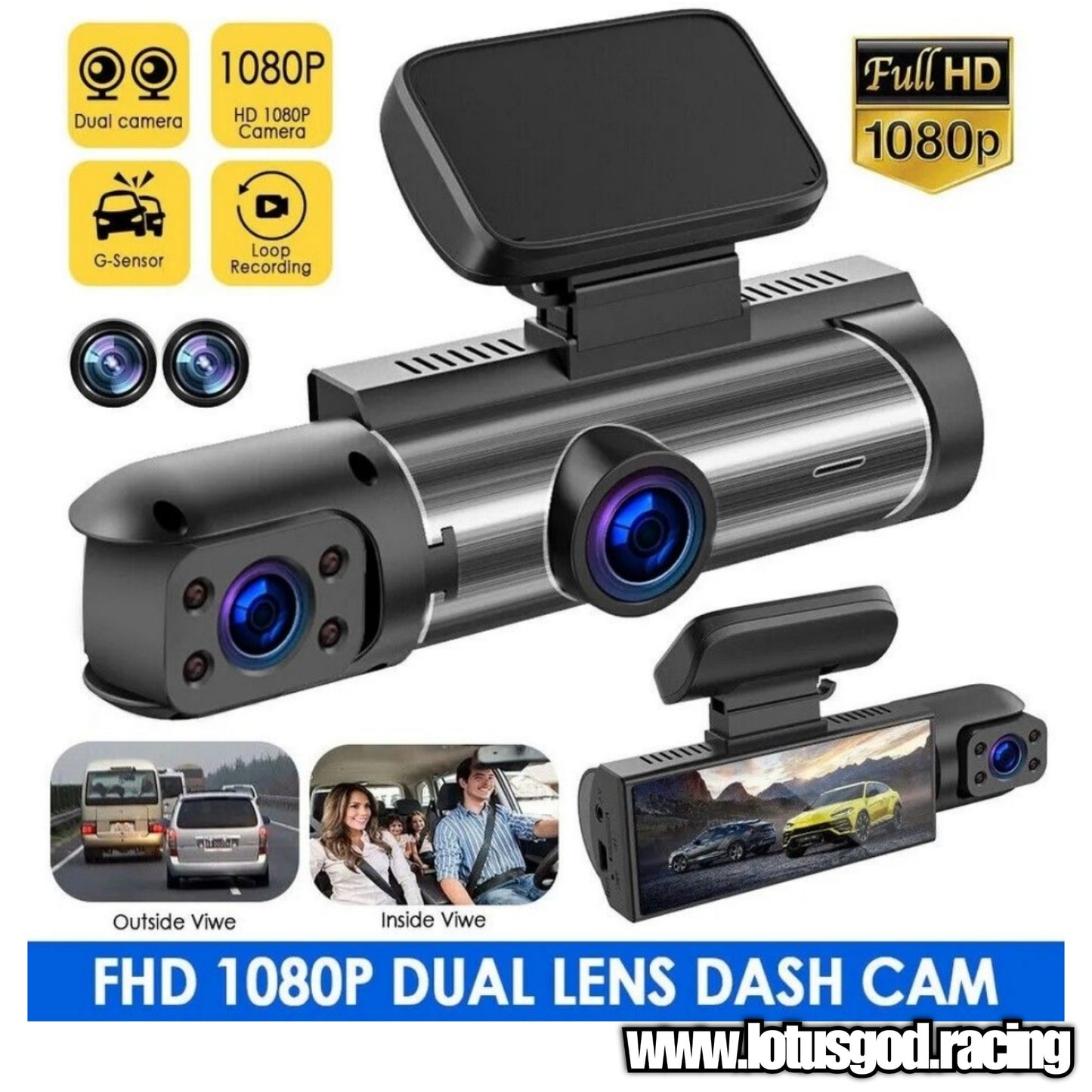 3.16 Inch Better Than Nothing Front Dash Cam Dual 2 Lens Adjustable Inside Camera + G-sensor HD Night Vision Wide Angle Car DVR Driving Recorder