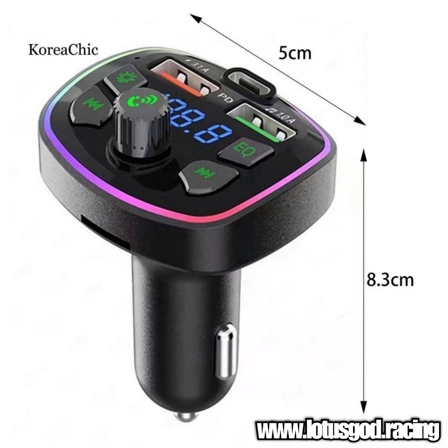 2 in 1 Bluetooth 5.0 Car Cigarette Socket TF Card MP3 FM Transmitter + USB Type C Quick Charge - Rainbow Led lights
