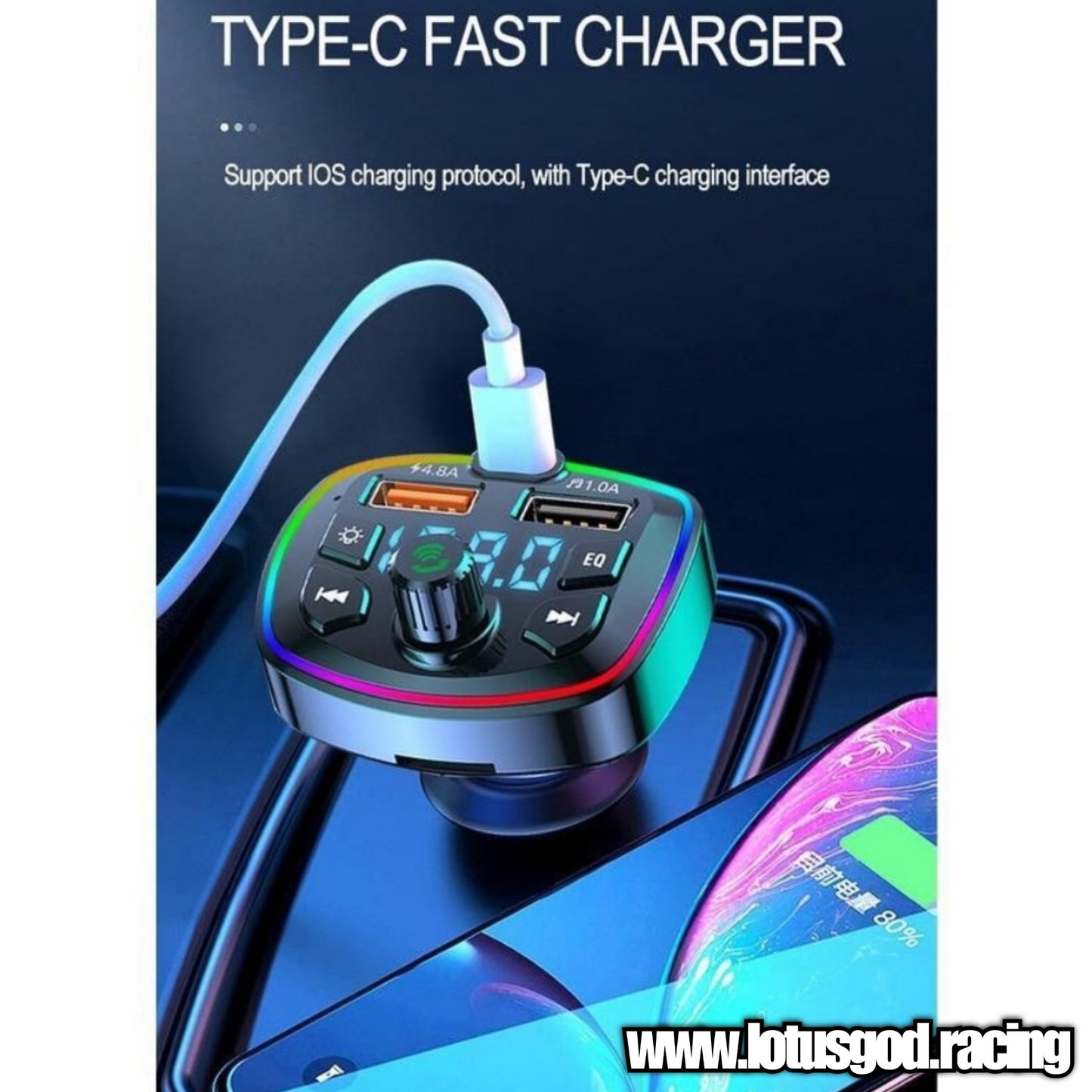 2 in 1 Bluetooth 5.0 Car Cigarette Socket TF Card MP3 FM Transmitter + USB Type C Quick Charge - Rainbow Led lights
