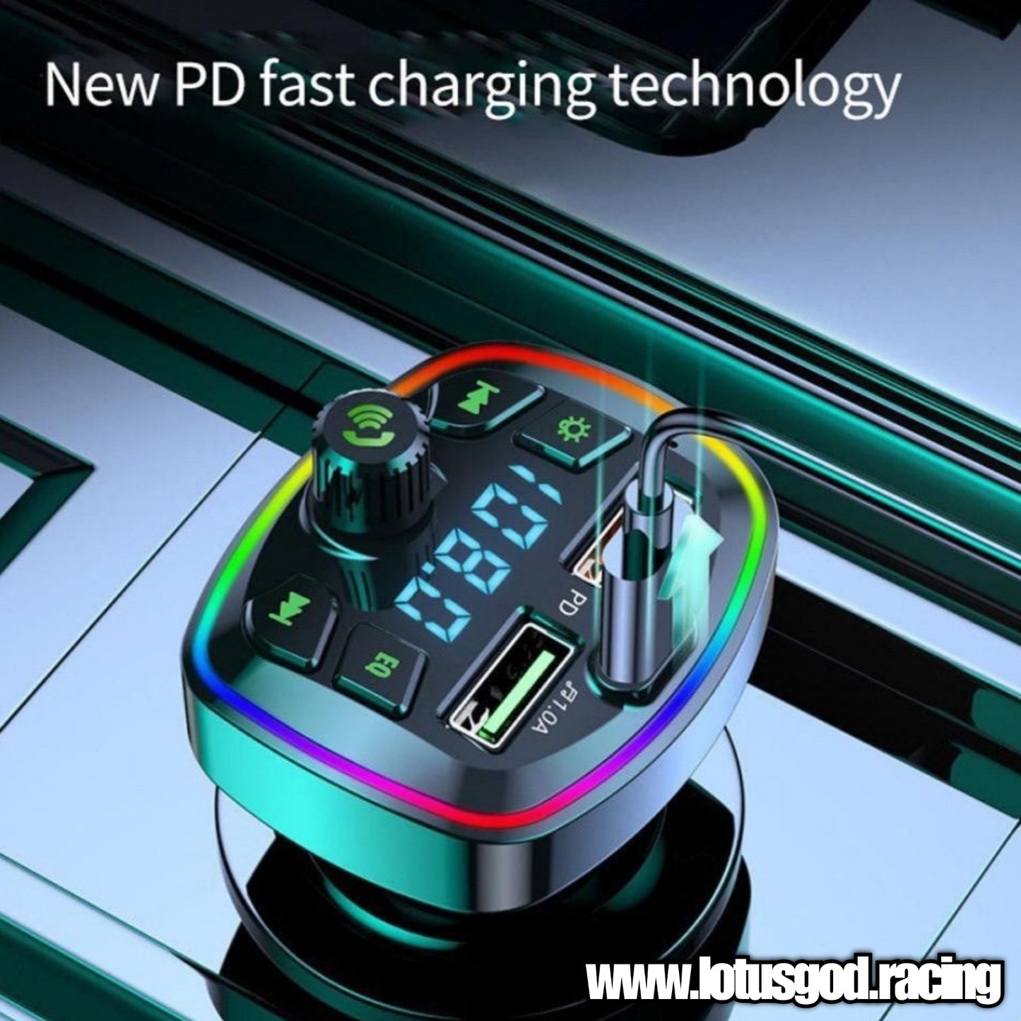 2 in 1 Bluetooth 5.0 Car Cigarette Socket TF Card MP3 FM Transmitter + USB Type C Quick Charge - Rainbow Led lights