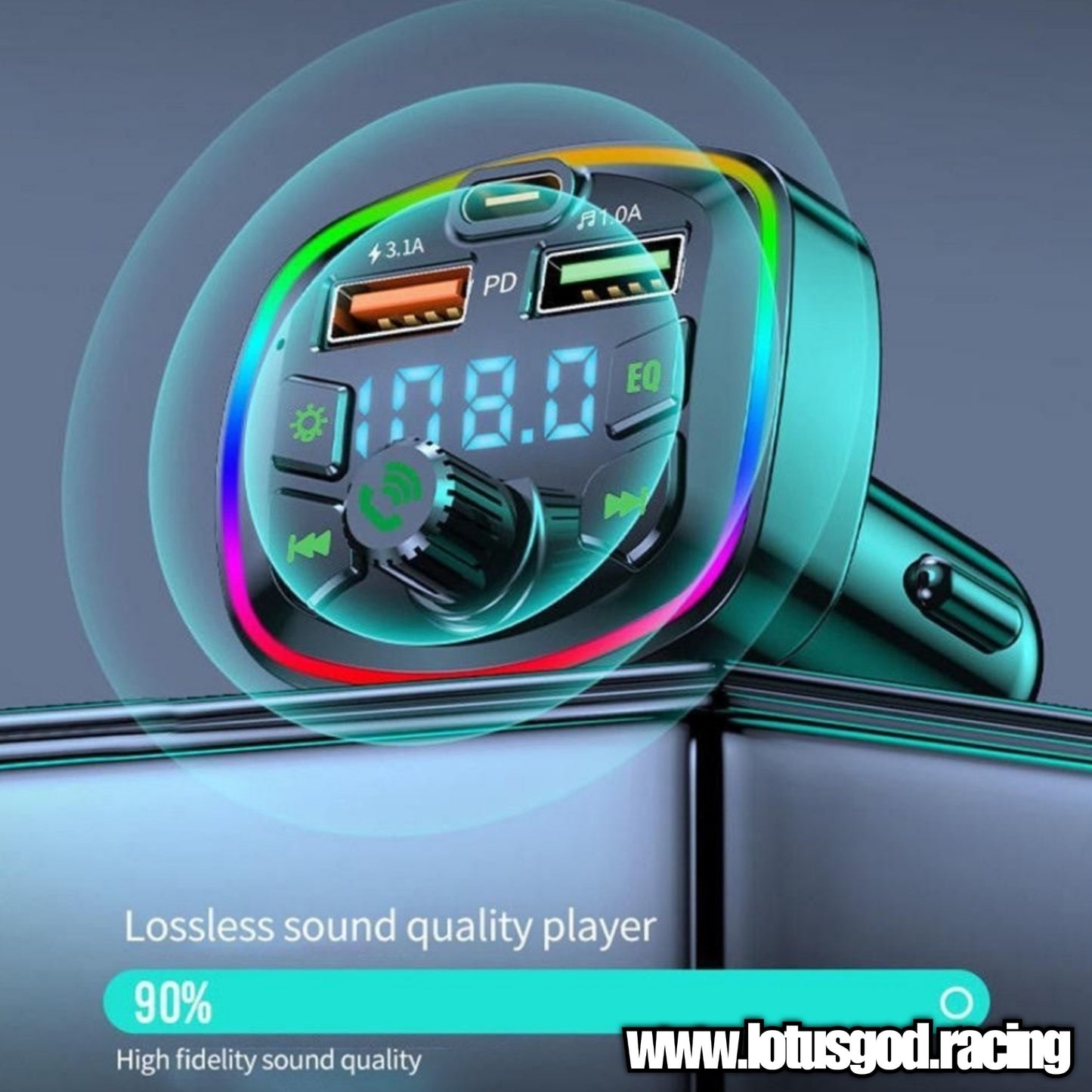 2 in 1 Bluetooth 5.0 Car Cigarette Socket TF Card MP3 FM Transmitter + USB Type C Quick Charge - Rainbow Led lights