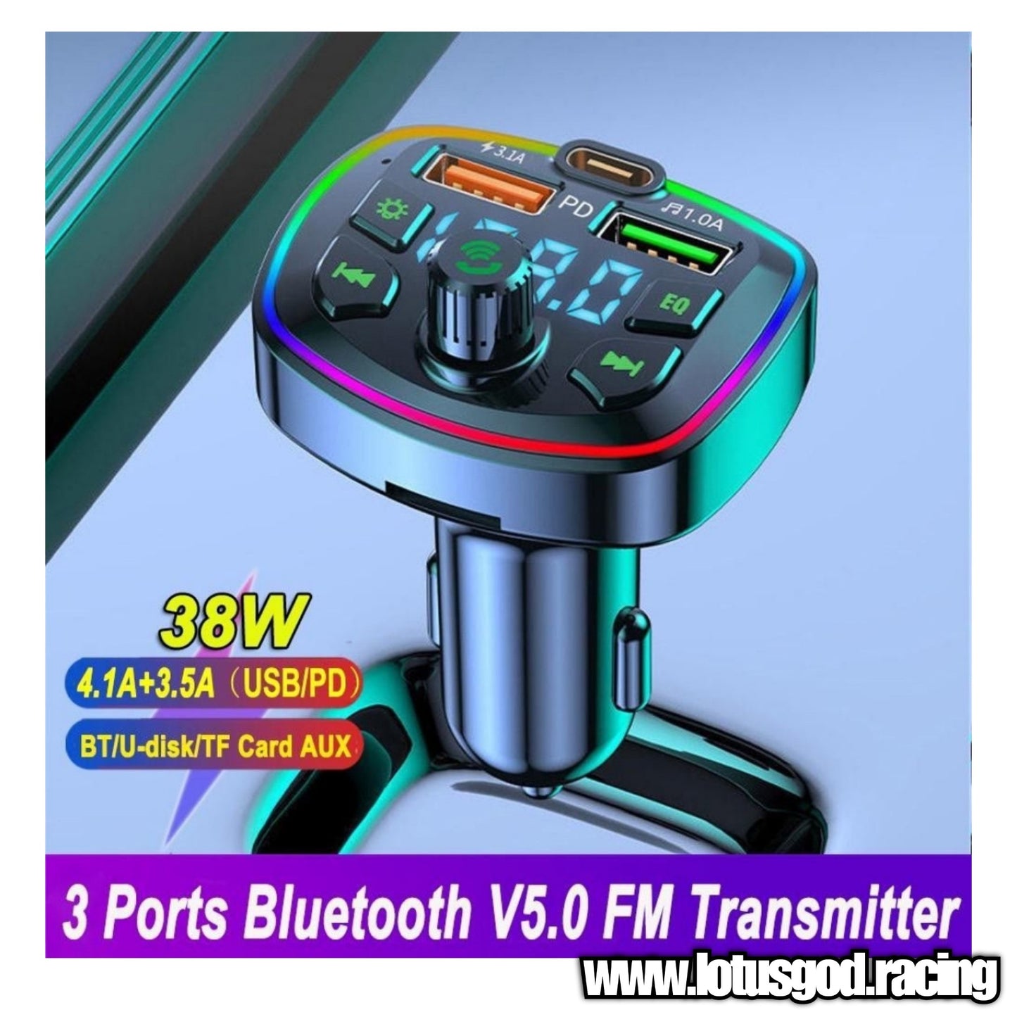 2 in 1 Bluetooth 5.0 Car Cigarette Socket TF Card MP3 FM Transmitter + USB Type C Quick Charge - Rainbow Led lights