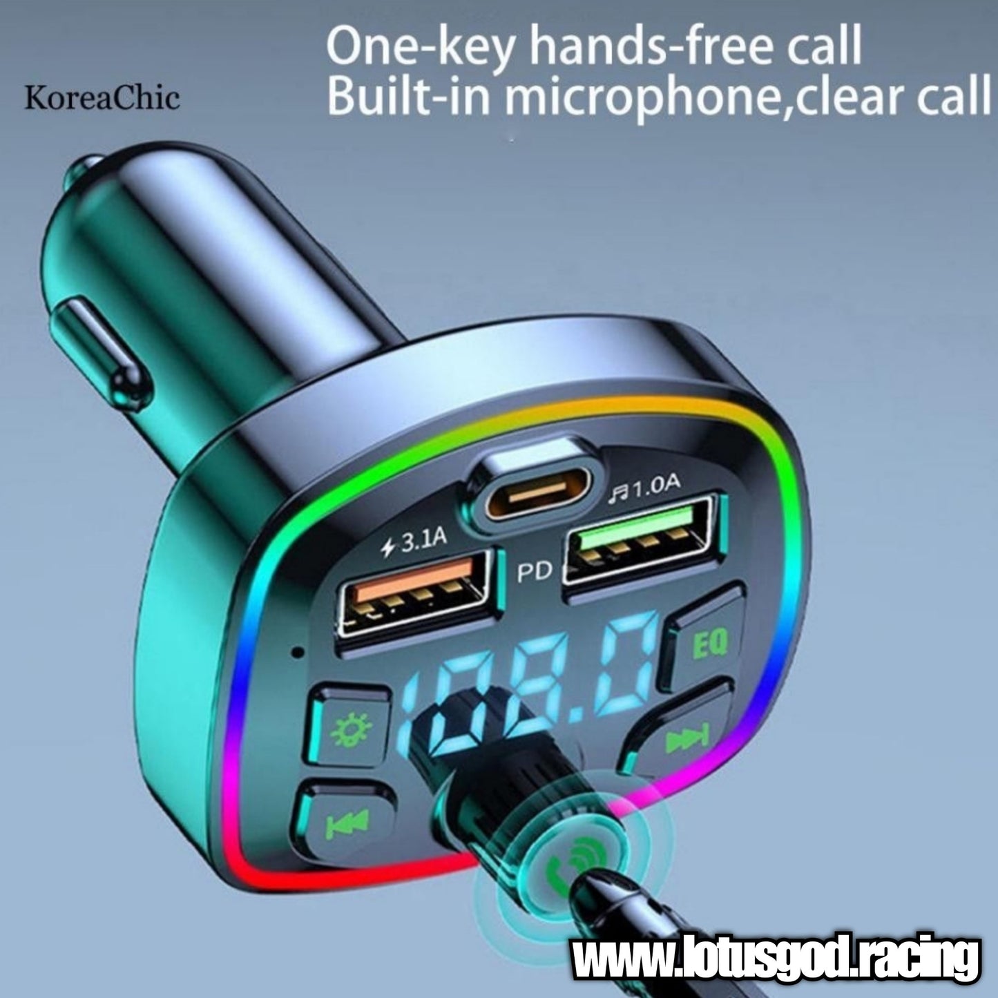 2 in 1 Bluetooth 5.0 Car Cigarette Socket TF Card MP3 FM Transmitter + USB Type C Quick Charge - Rainbow Led lights