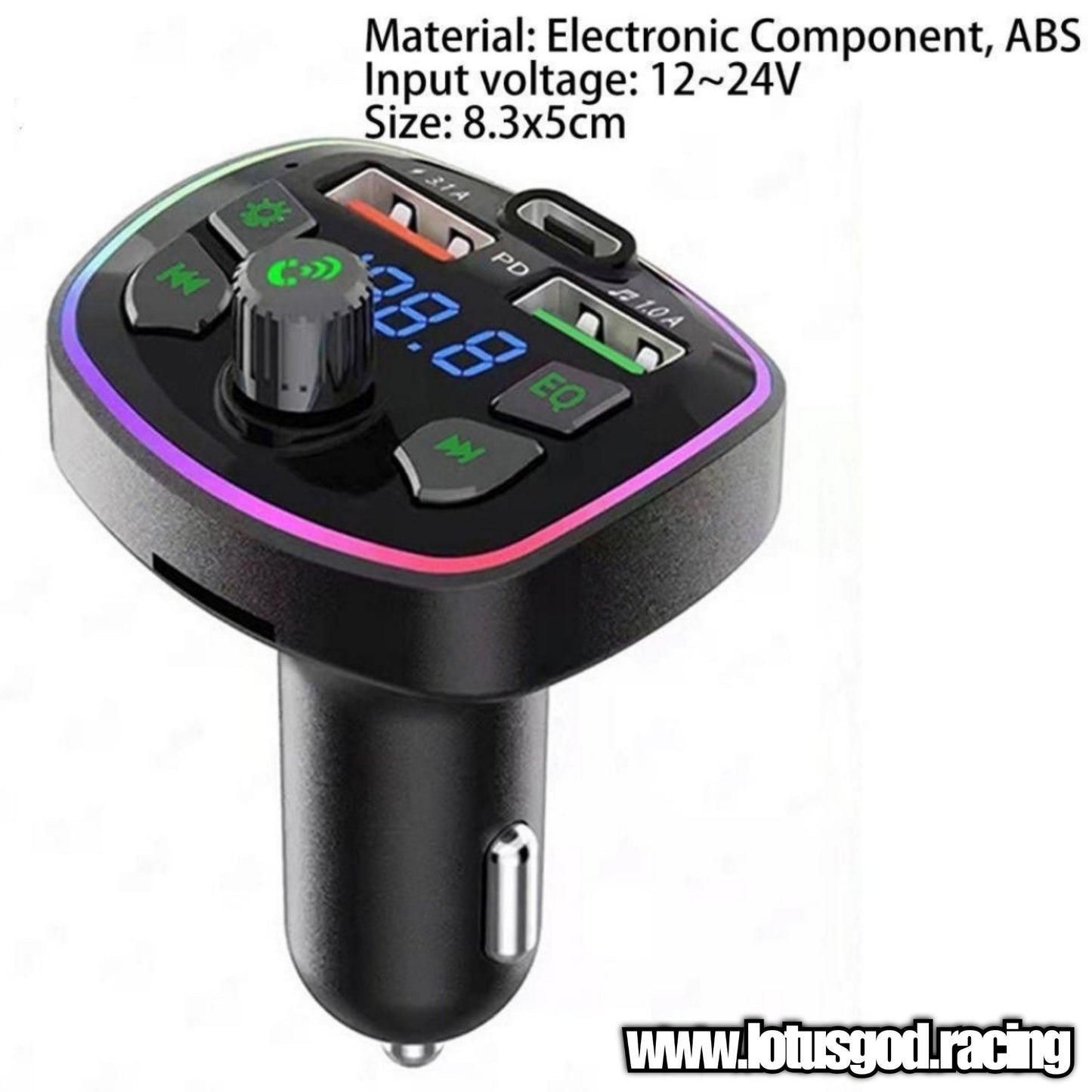 2 in 1 Bluetooth 5.0 Car Cigarette Socket TF Card MP3 FM Transmitter + USB Type C Quick Charge - Rainbow Led lights