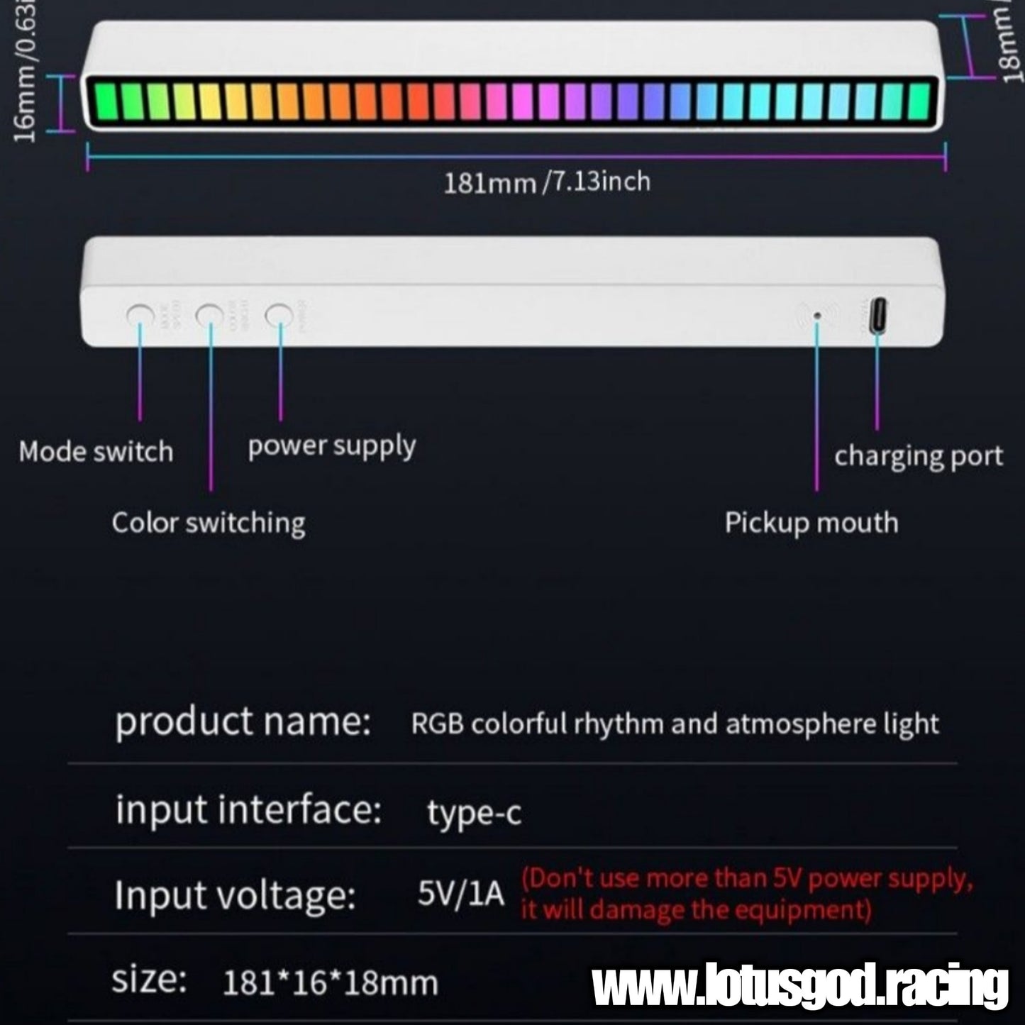 RGB Colour Rainbow 32 LED Music Light Stick Display 18cm X 1.5cm