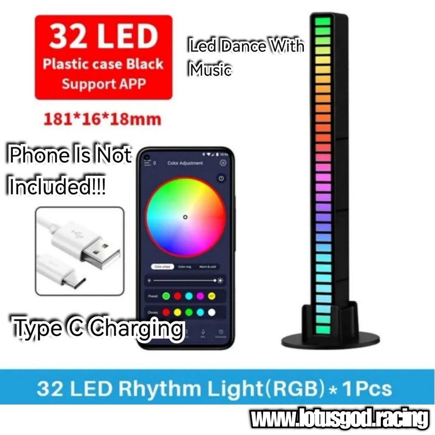 RGB Colour Rainbow 32 LED Music Light Stick Display 18cm X 1.5cm