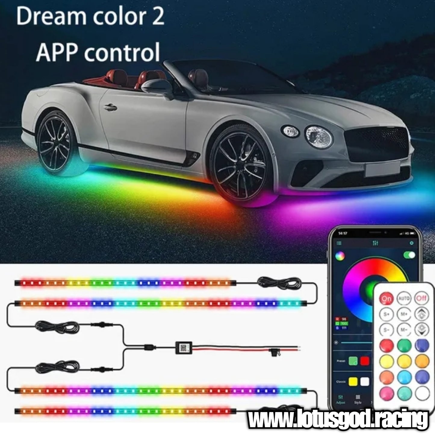 12 Volts Rainbow Dream LED Undercarriage Flexible Bottom Chassis Underglow Strip Light Waterproof Remote/APP Control Neon Underbody Light Lamp