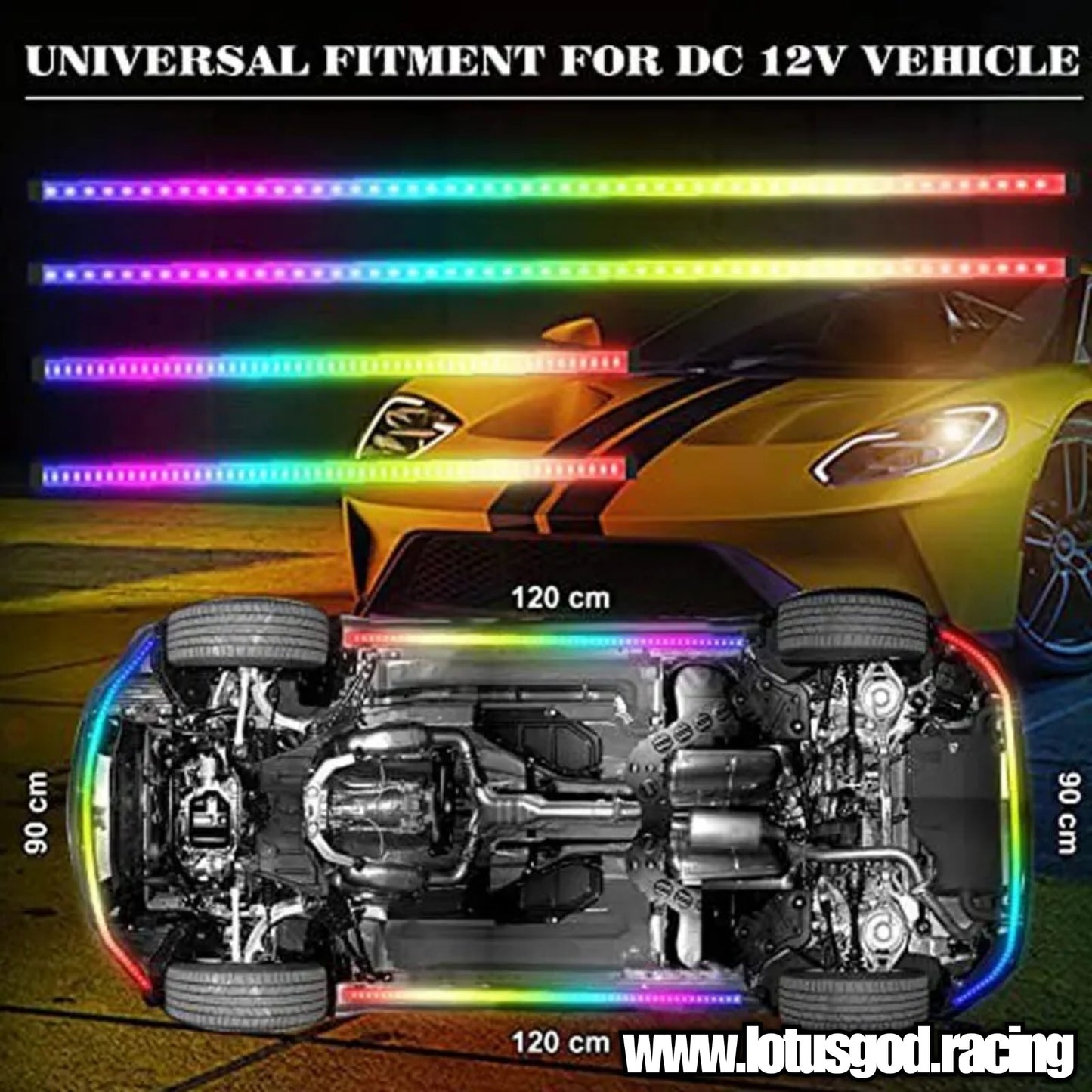 12 Volts Rainbow Dream LED Undercarriage Flexible Bottom Chassis Underglow Strip Light Waterproof Remote/APP Control Neon Underbody Light Lamp