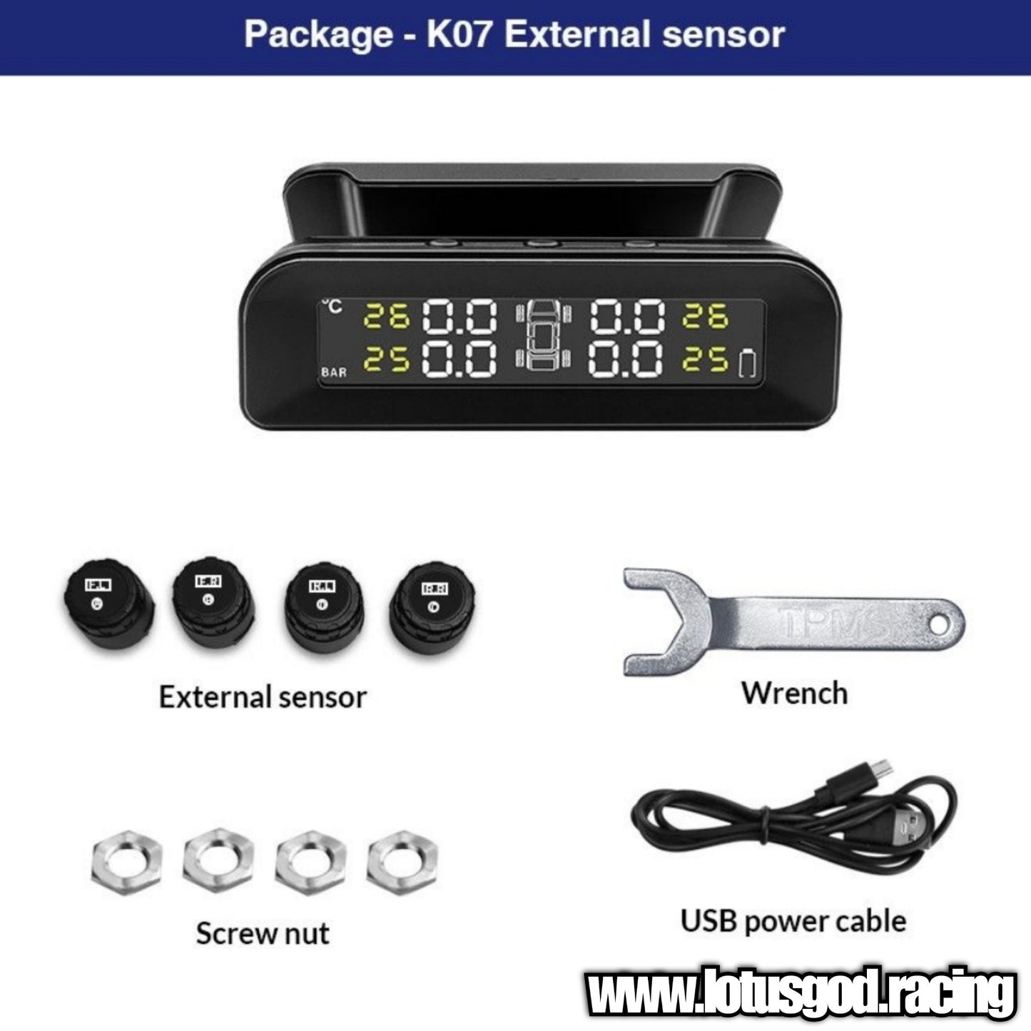 Wireless Solar Power Rechargeable USB LED Tyre Pressure Monitoring System For Real Time Tyre Leak Air Detection- TPMS For Car Tires