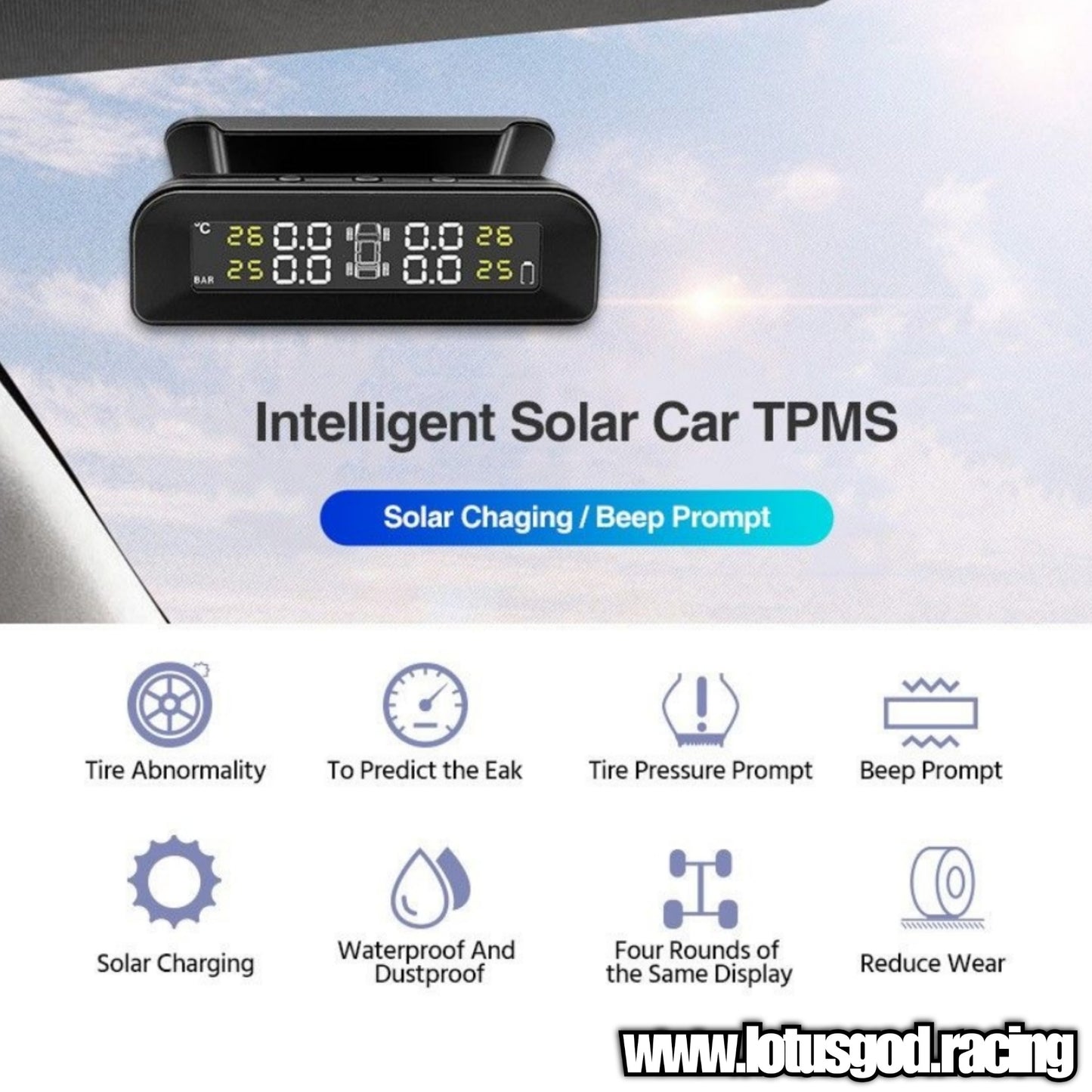 Wireless Solar Power Rechargeable USB LED Tyre Pressure Monitoring System For Real Time Tyre Leak Air Detection- TPMS For Car Tires