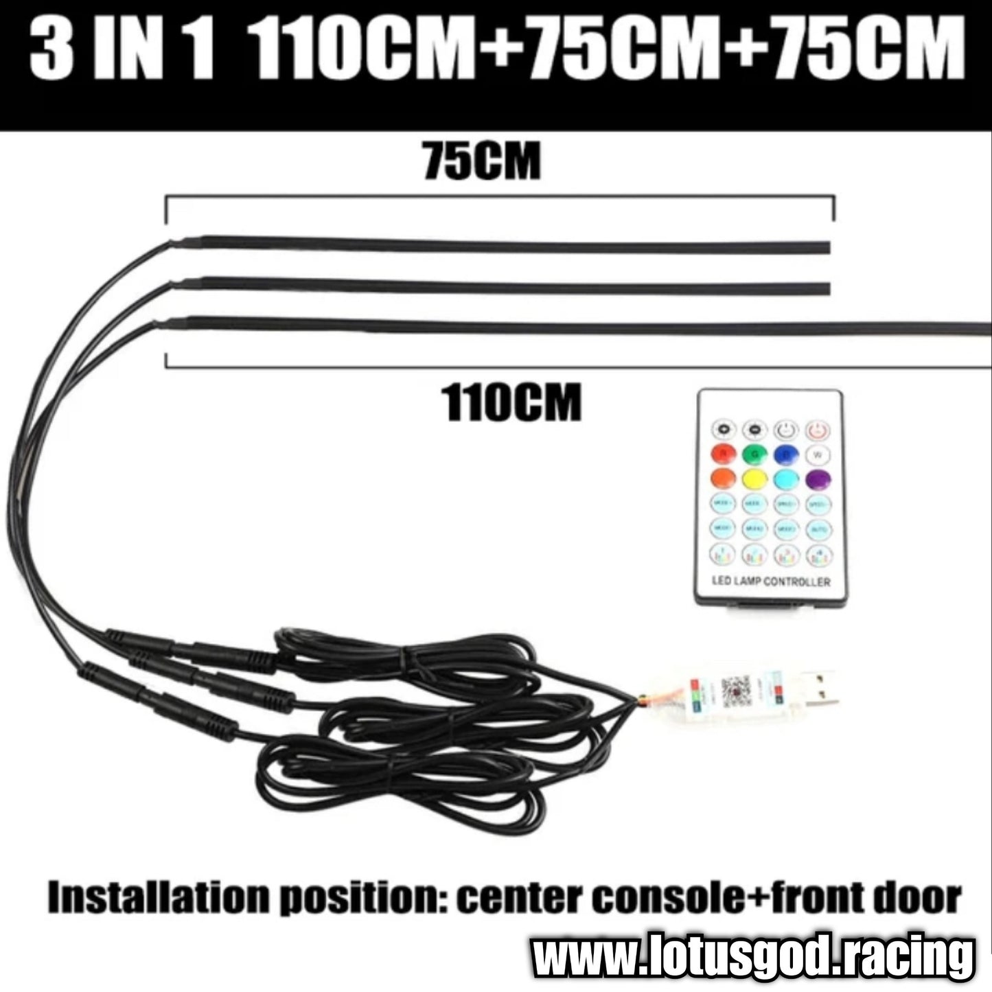 12 Volts Plug & Play 110cm + 110cm | 35cm Usb Powered App + Remote Control RBG I COB Rainbow Light For 12v Interior Dash Panel Meter Etc
