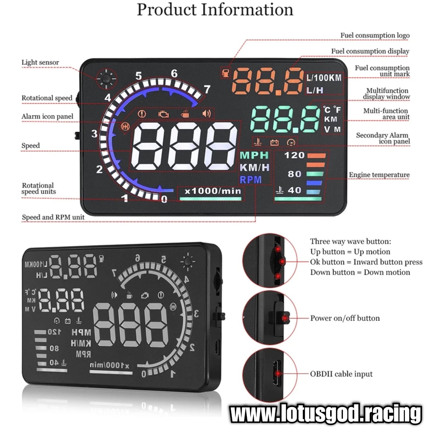 5.5'' Inch Big Display OBD2 Hud Head Up Obd Display A8 VSD Digital Speedometer Windscreen Speed Glass Projector With Speed Water Temp RPM Alarm Etc