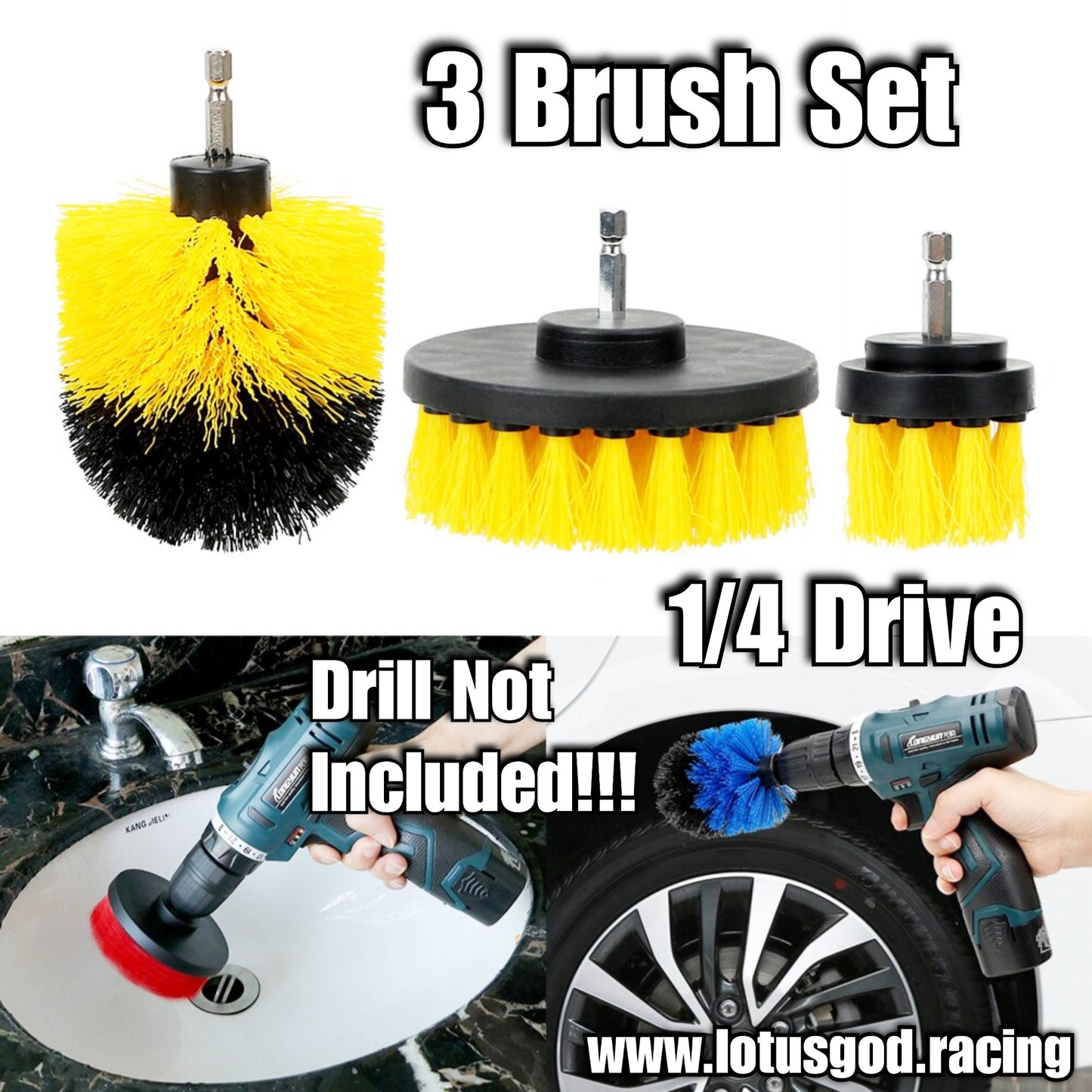 3 Pieces Of 1/4 Drill Brush Car Home Toliet Scrubber Kit For Automobile Detailing Auto Care Medium Bristle Cleaning Exterior Detailer Tool