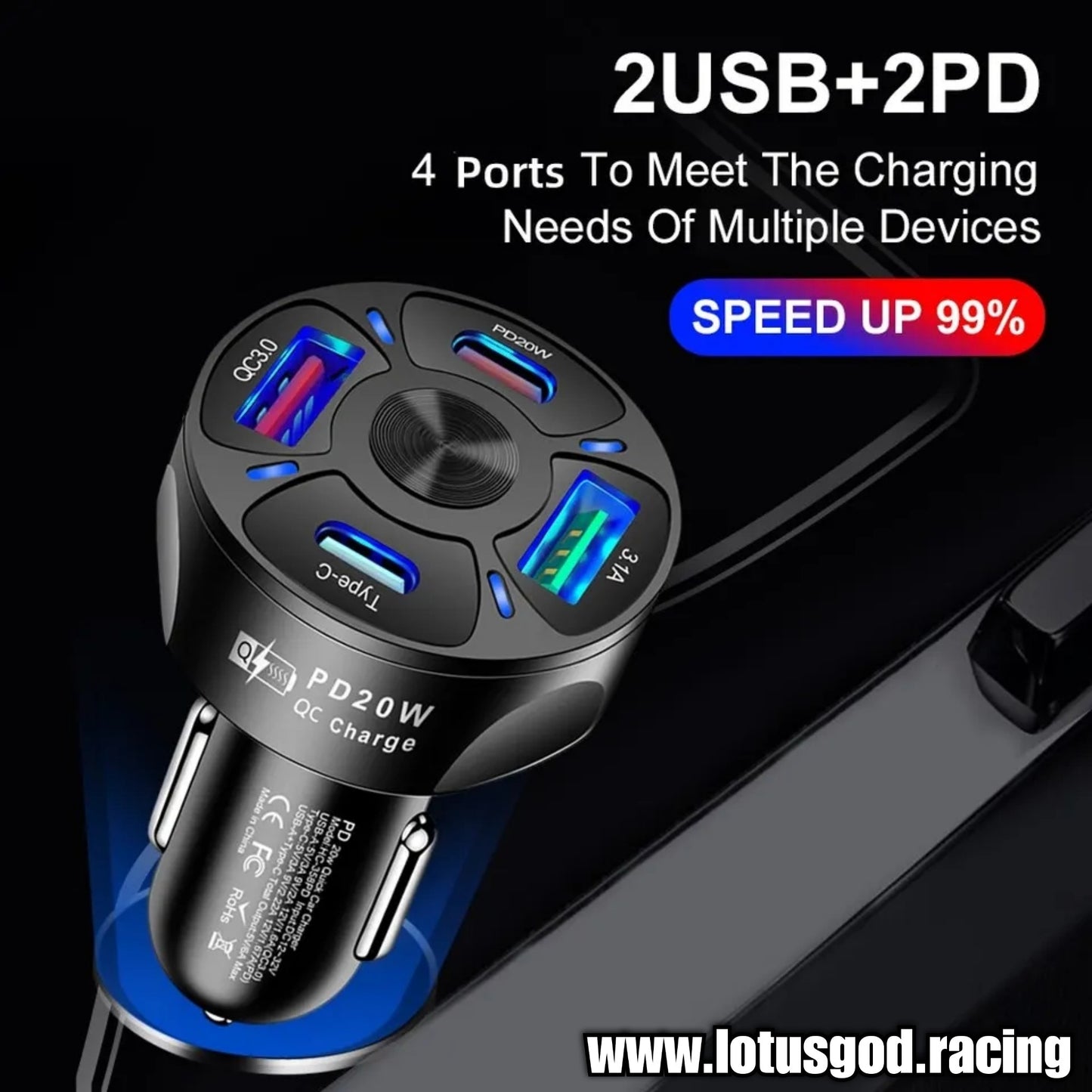 38W 2 X Type C + 2 X USB PD20 Fast Charging Cigarette Lighter Socket Charger For Android Or Iphone Tablet Port Etc