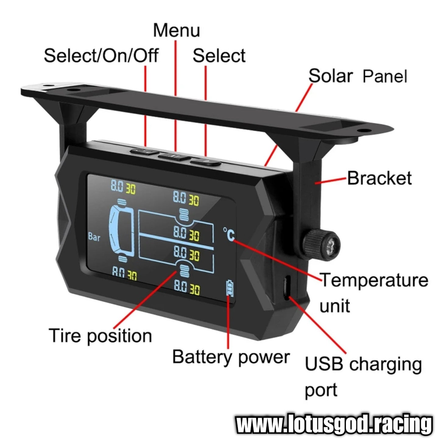 Tpms Wireless Solar Power Rechargeable USB LED Internal | External Tyre Pressure Monitoring System Real Time Detection For All Vehicle With 6 Wheels