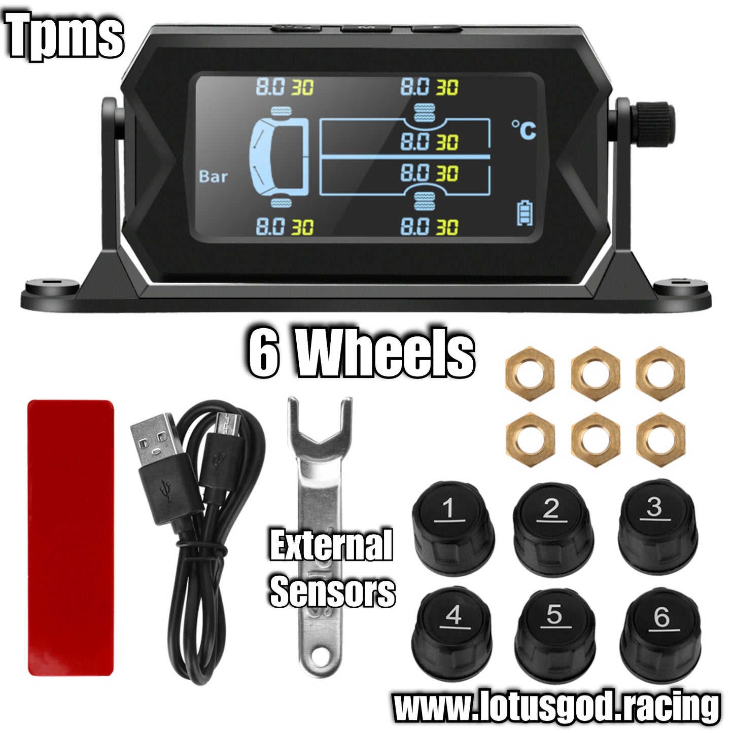 Tpms Wireless Solar Power Rechargeable USB LED Internal | External Tyre Pressure Monitoring System Real Time Detection For All Vehicle With 6 Wheels