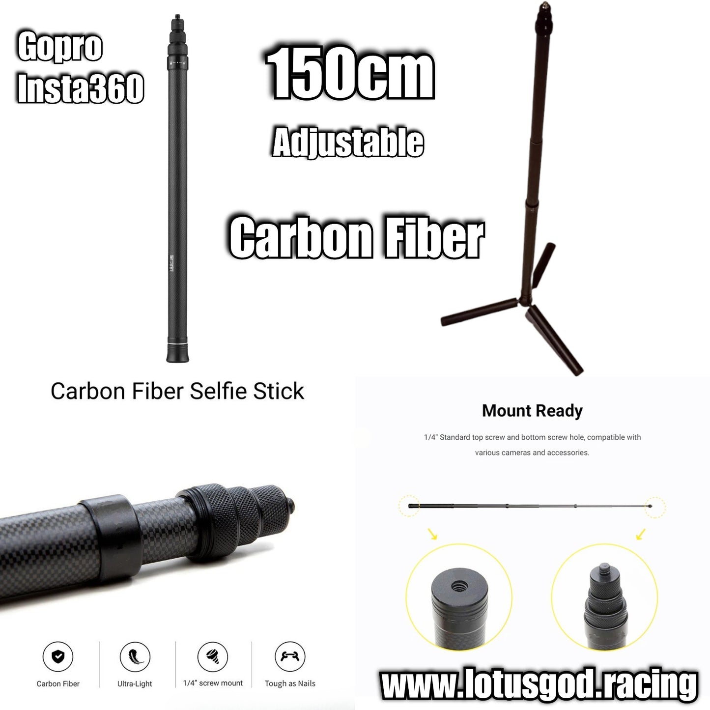 1/4" Carbon Fiber 1.5 Meters Fully Adjustable Shaft Invisible Selfie Stick Cam For Insta360 ONE X | Insta360 ONE R | One | EVO | GoPro | DJI OSMO Action Tripod Camera Stand