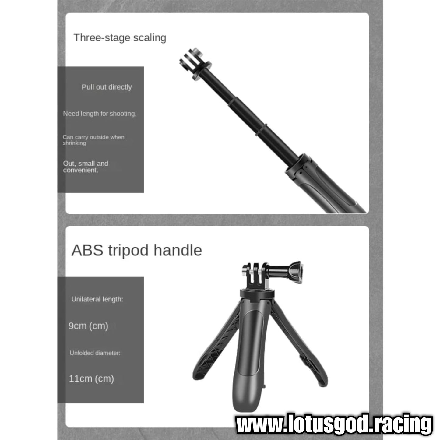 2 in 1 Selfie Hand Gun Cam Stick 120mm - 230mm Extendable Grab Pole Pocket Size Tripod For Gopro Insta360 Camera Etc 200g