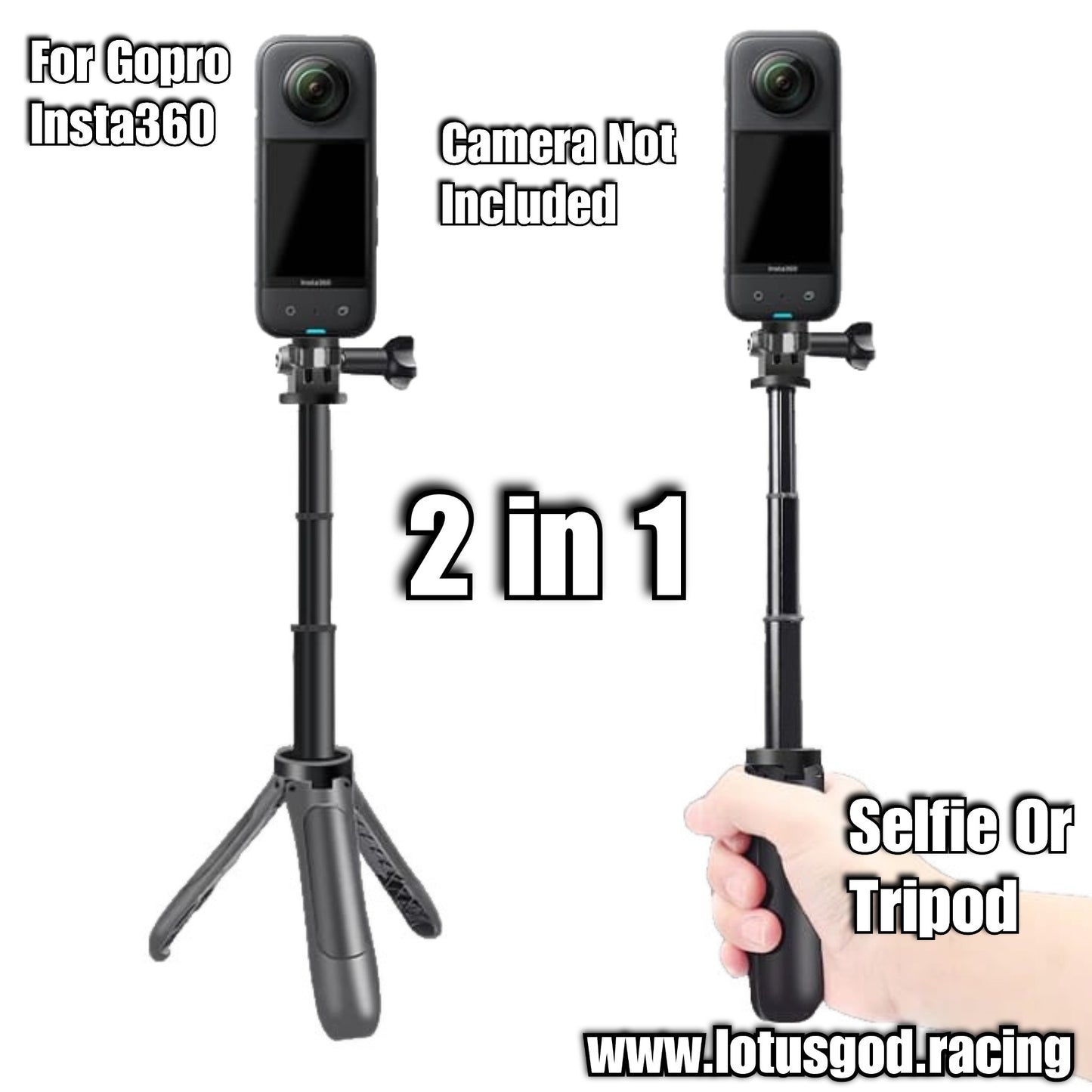 2 in 1 Selfie Hand Gun Cam Stick 120mm - 230mm Extendable Grab Pole Pocket Size Tripod For Gopro Insta360 Camera Etc 200g