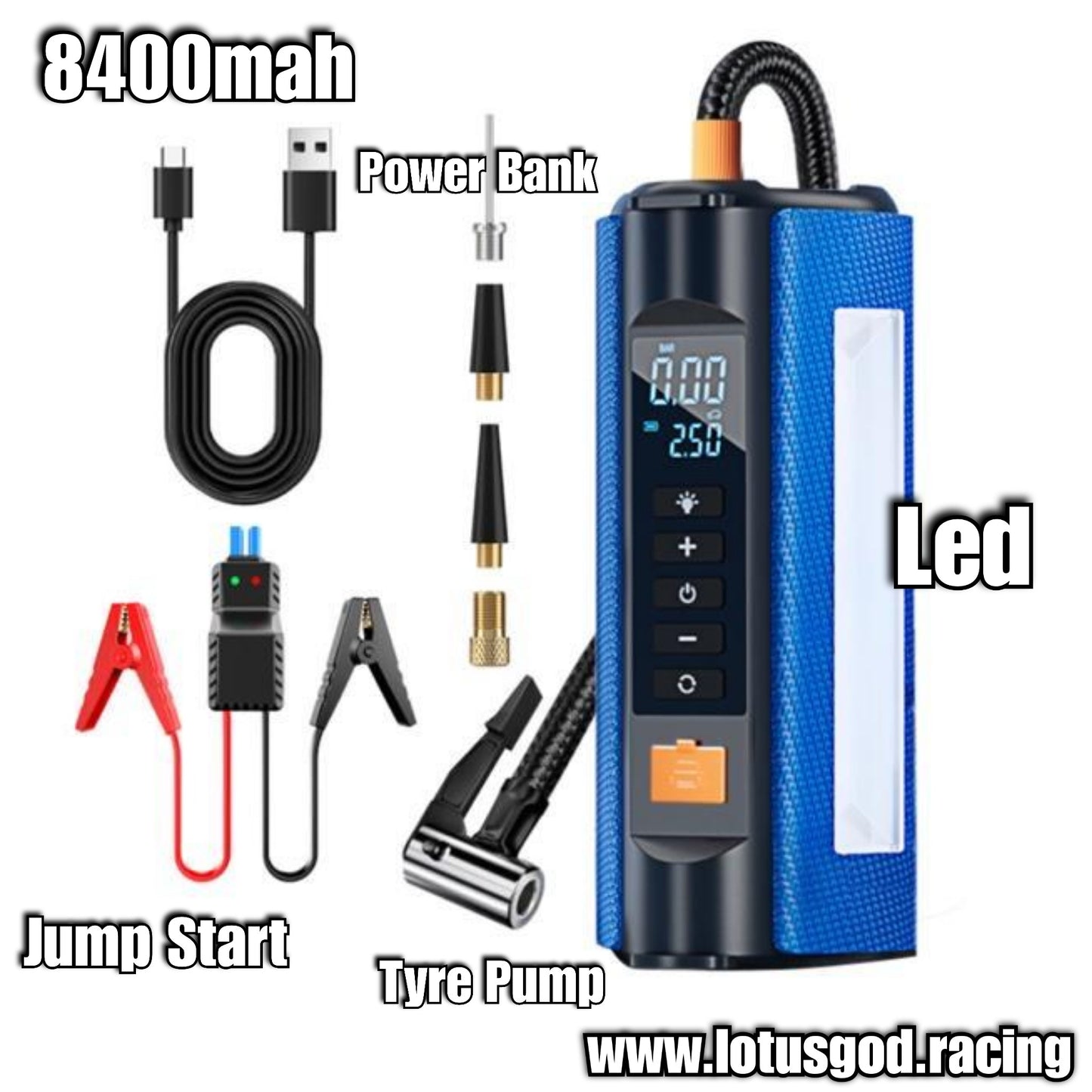 8400mah 4 In 1 Portable 12 Volts Car Jump Start + Air Pump Compressor Tyre Inflator + Power Bank Lighting + Automotive Car 12V Battery Starter