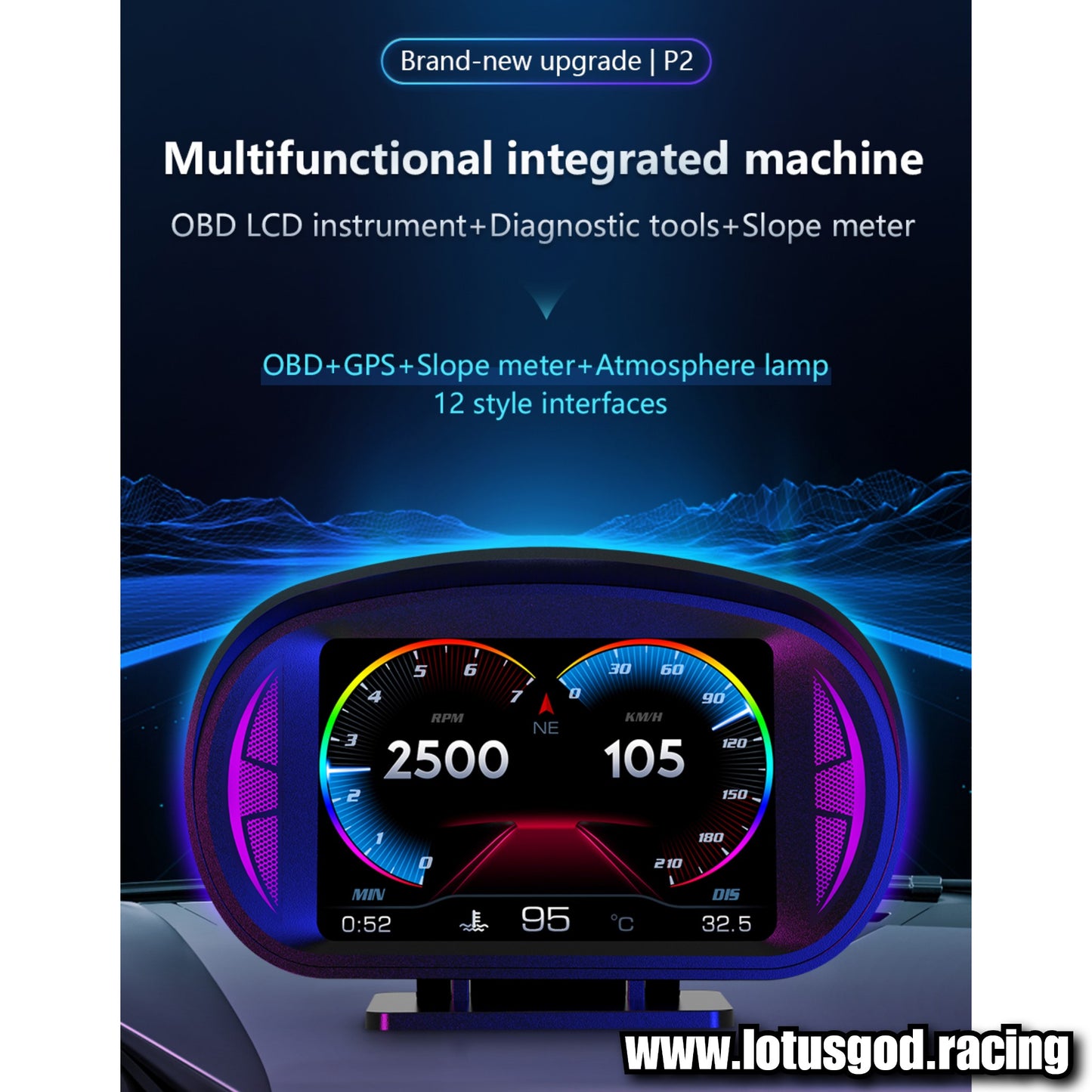 OBD2 Digital Hud Vsd | Usb Gps Car Head Up Display On Board Computer Clock Slope Speedometer OBD Diagnostic Tools Instrument Cluster P2 Turbo Speed Meter