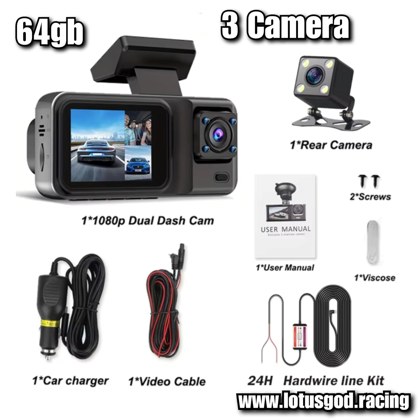 2 Front Dash Cam Dual Lens Adjustable Inside Camera + 1 Rear Cam 64gb Sd Card 2 Inch Screen G-sensor HD Night Vision Wide Angle Car DVR Driving Recorder (3 Cameras)