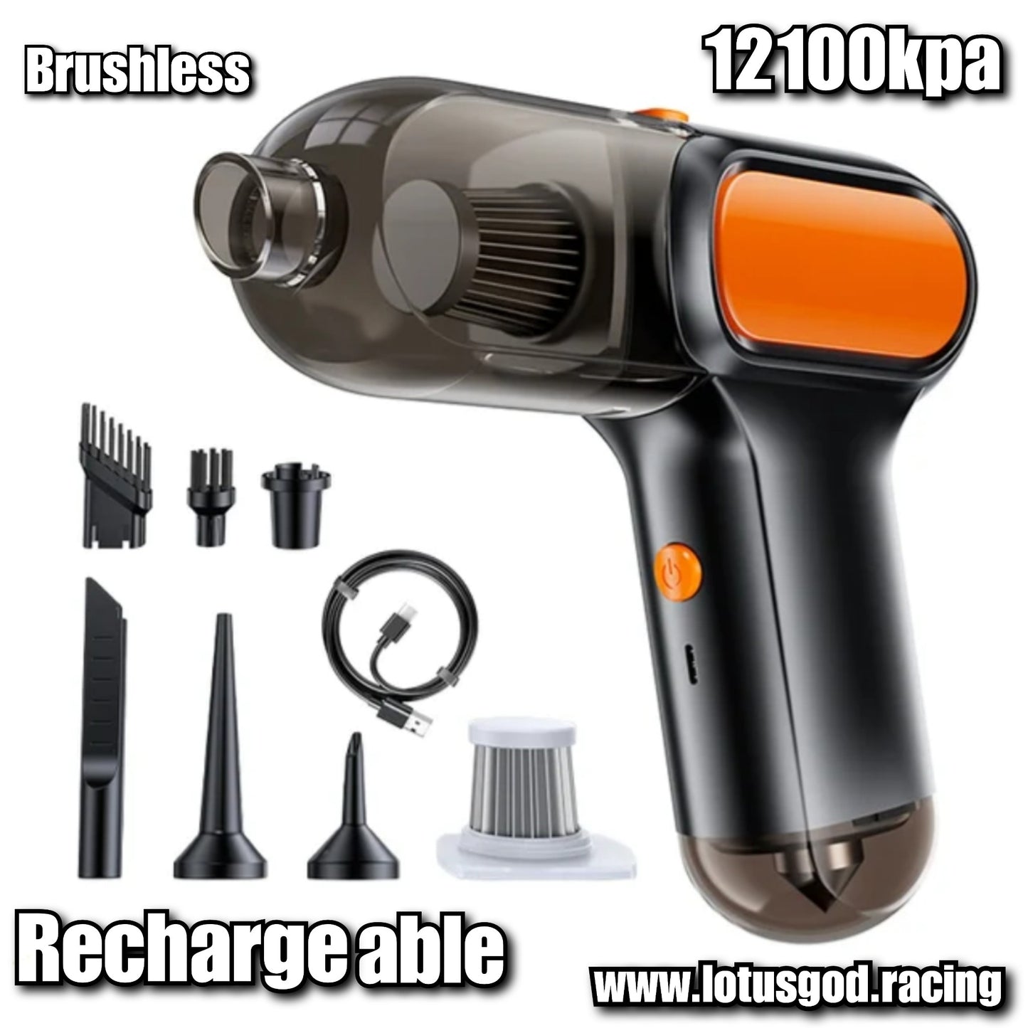 3 in 1 Hurricane 75W Powerful Brushless Suction 12100pa Rechargeable Black Vacuum Cleaner + Glass Safety Hammer For Home Sofa Car Seat Floor Mat Etc