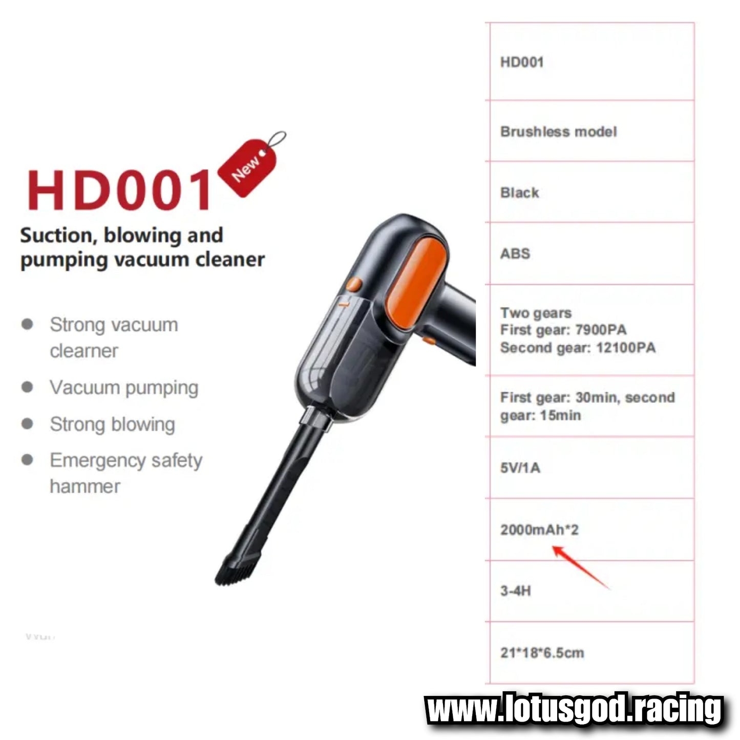 3 in 1 Hurricane 75W Powerful Brushless Suction 12100pa Rechargeable Black Vacuum Cleaner + Glass Safety Hammer For Home Sofa Car Seat Floor Mat Etc