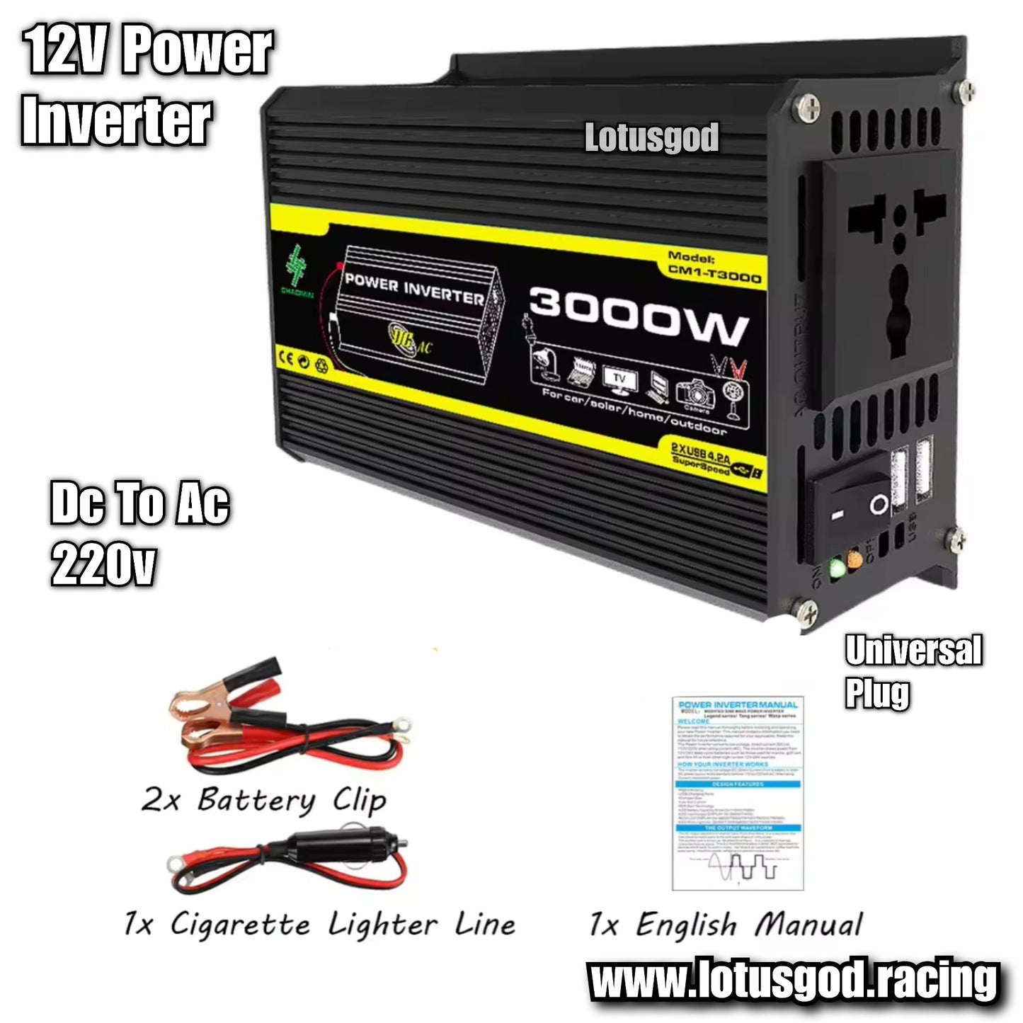 3000W Cigarette Socket Lighter + 12 Volt Cable Inverter 12V To 220V Plug Voltage Converter + USB | EU/UK/AU/Universal Socket Auto Car Accessories
