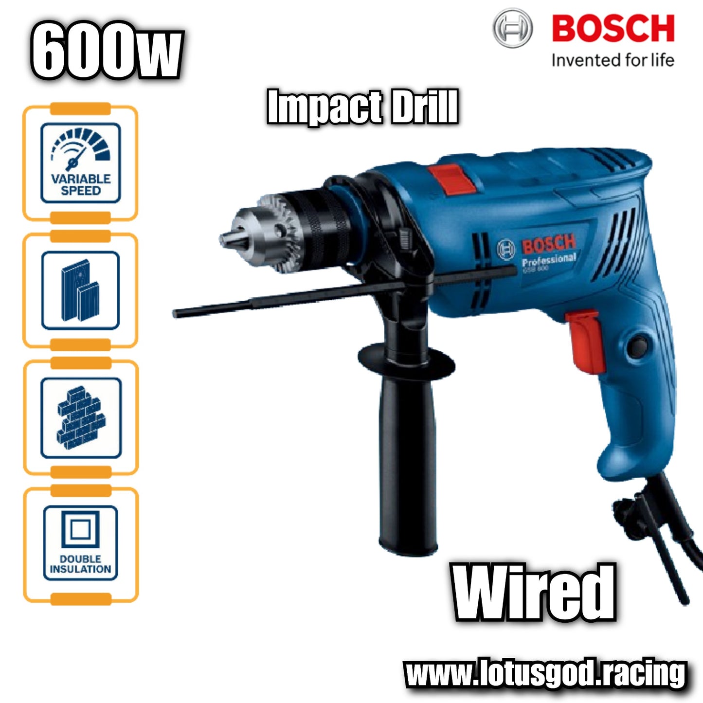 Bosch 600w Professional 13mm Electric Wired 48000bpm Impact Drill Metal Chunk Masonry GSB 600