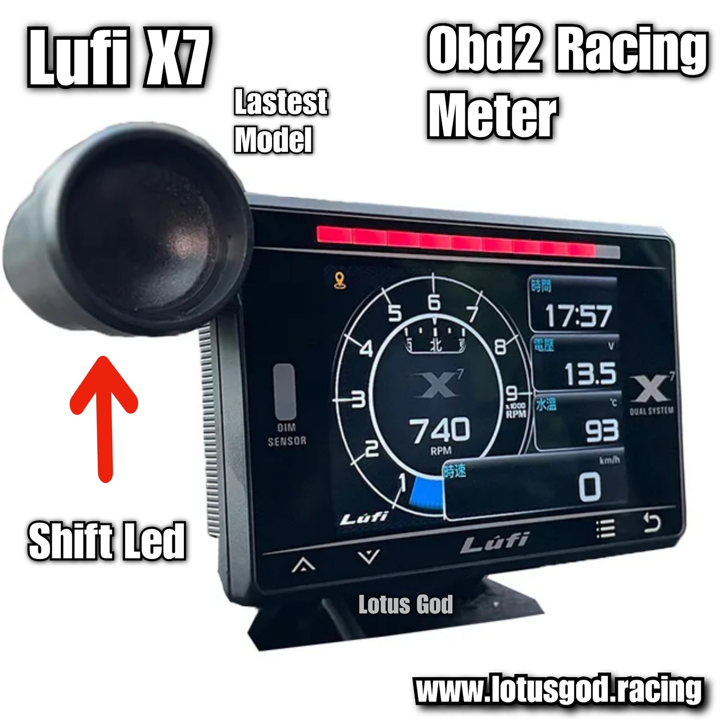 Lufi X7 Obd GPS Head Up Display Turbo Charge Oil Pressure Temperature G String Force Gyroscope Racing Lcd Display OBD2 Speed Meter Speedometer Guage + Red Warning Shift Light
