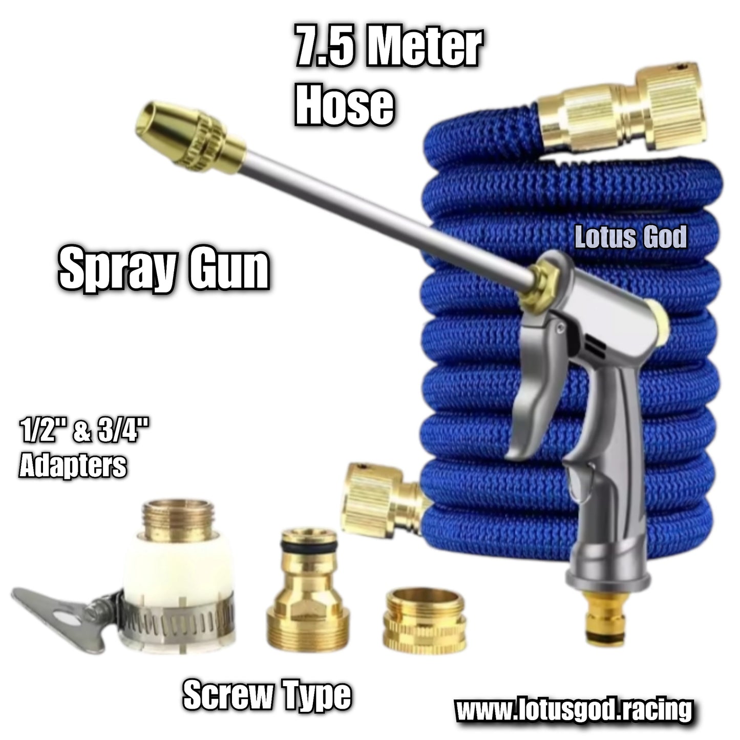 Telescopic 7.5m Flexible Stretchable 3/4" Screw Type Brass Connector Adapter Water Hose + Spray Gun Set For Gardening Condo/HDB Carpark Car Bike Van Bicycle Motorcycle Bathroom Toilet Garden Kitchen Etc