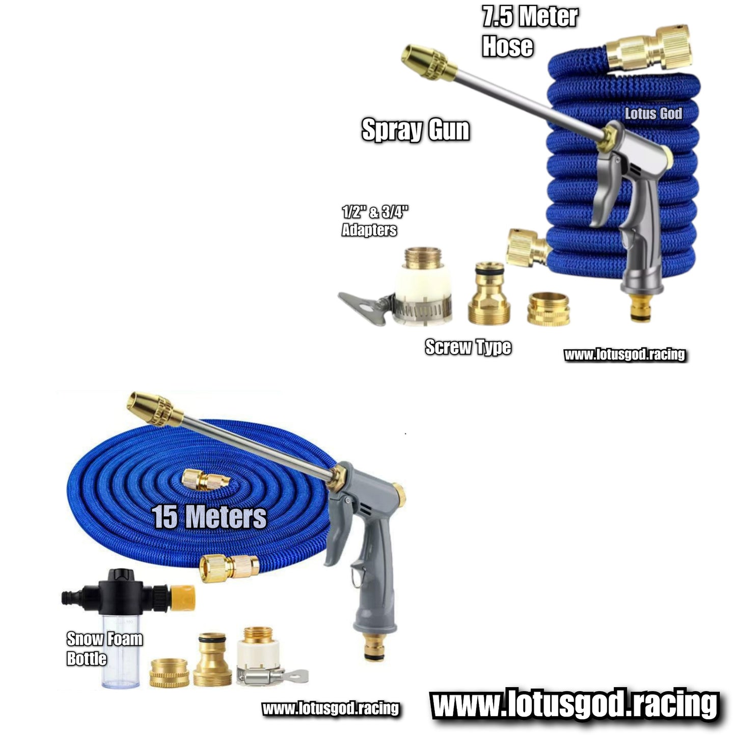 Telescopic 7.5m Flexible Stretchable 3/4" Screw Type Brass Connector Adapter Water Hose + Spray Gun Set For Gardening Condo/HDB Carpark Car Bike Van Bicycle Motorcycle Bathroom Toilet Garden Kitchen Etc