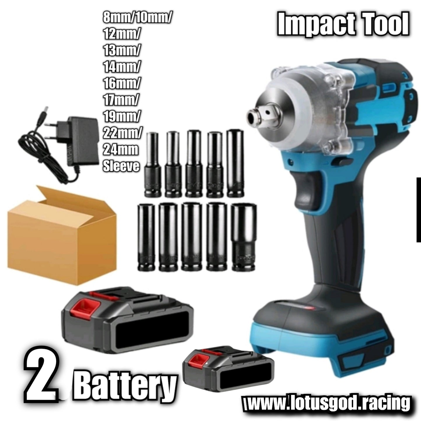1/2" Square Drive 520Nm Cordless Electric Impact Wrench Brushless Electric Hand Gun Drill + 10 Wheel Nut Bolt Socket Power Tool + 388V Lithum Battery