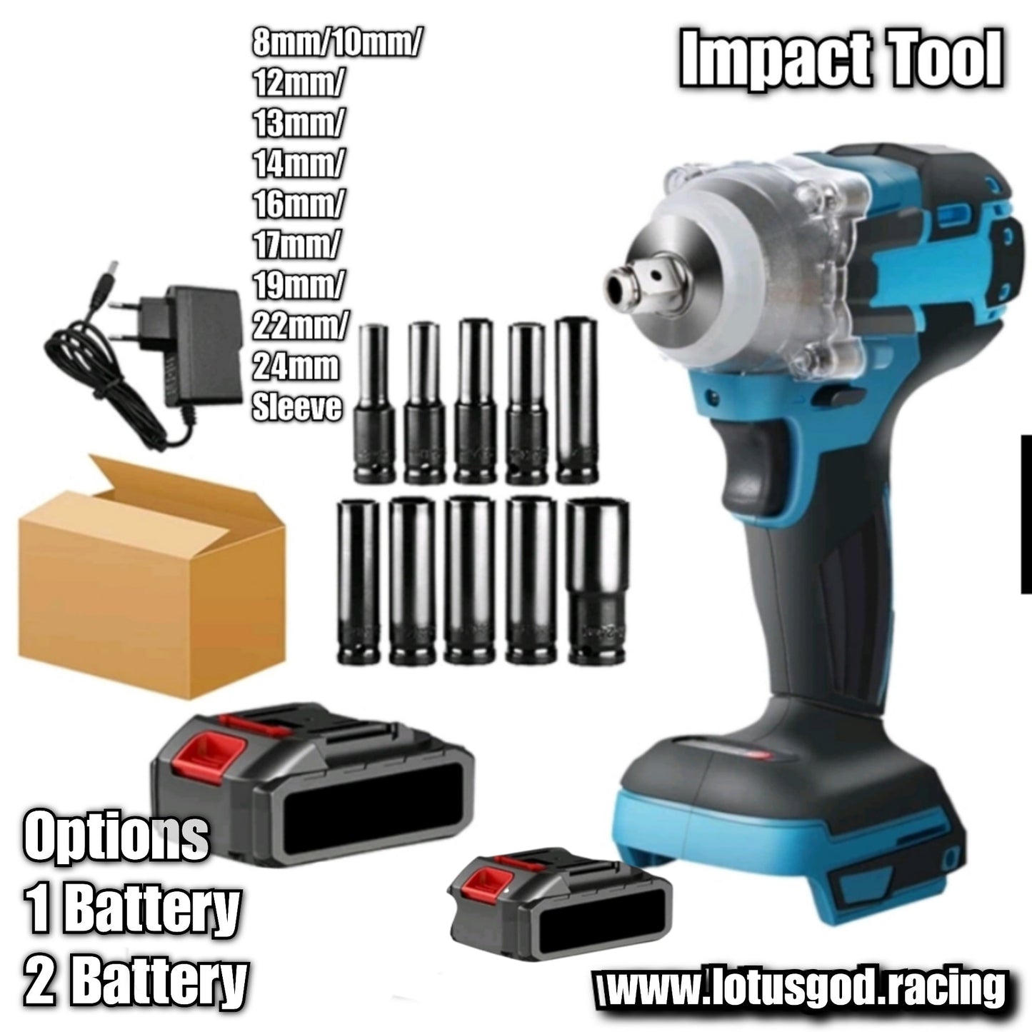 1/2" Square Drive 520Nm Cordless Electric Impact Wrench Brushless Electric Hand Gun Drill + 10 Wheel Nut Bolt Socket Power Tool + 388V Lithum Battery