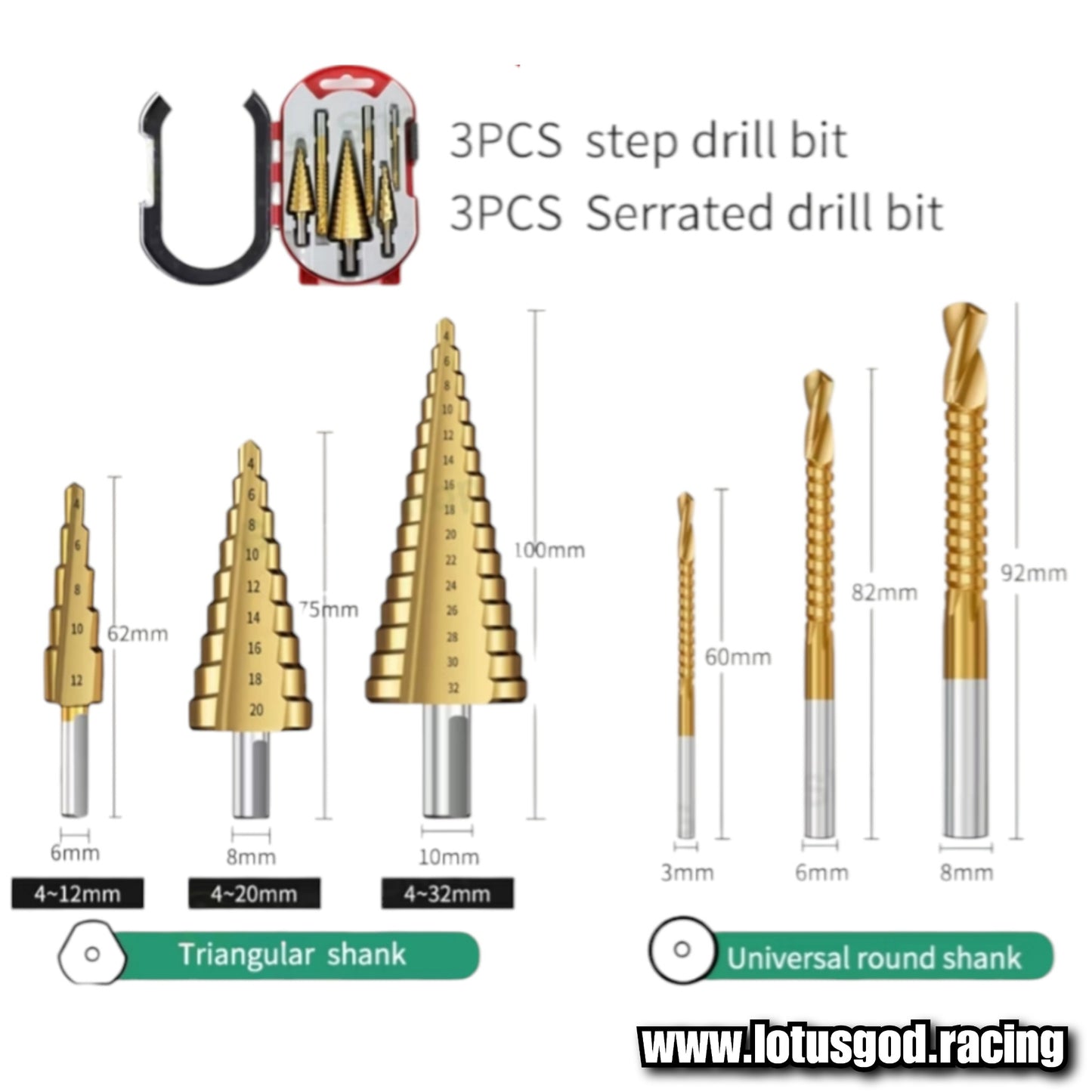 Titanium Gold Step Down Round Hole Opener Core Saw Serrated Drill Bit Set For Wood Metal Milling Bodykit Cutter 4-12mm | 4-20mm | 4-32mm | 3/6/8mm (6 Pieces)