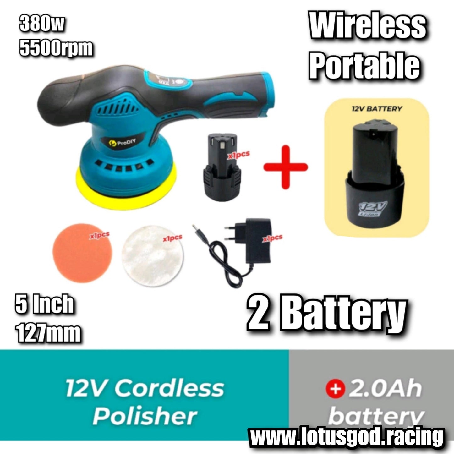 12v Rechargeable 380w Wireless Cordless 5500rpm Waxing Multifunctional Polish Metal Rust Sanding Waxing Restore Dull Blur Car Paint Work Buffing Machine + 2 Battery & 2 Sponge Set
